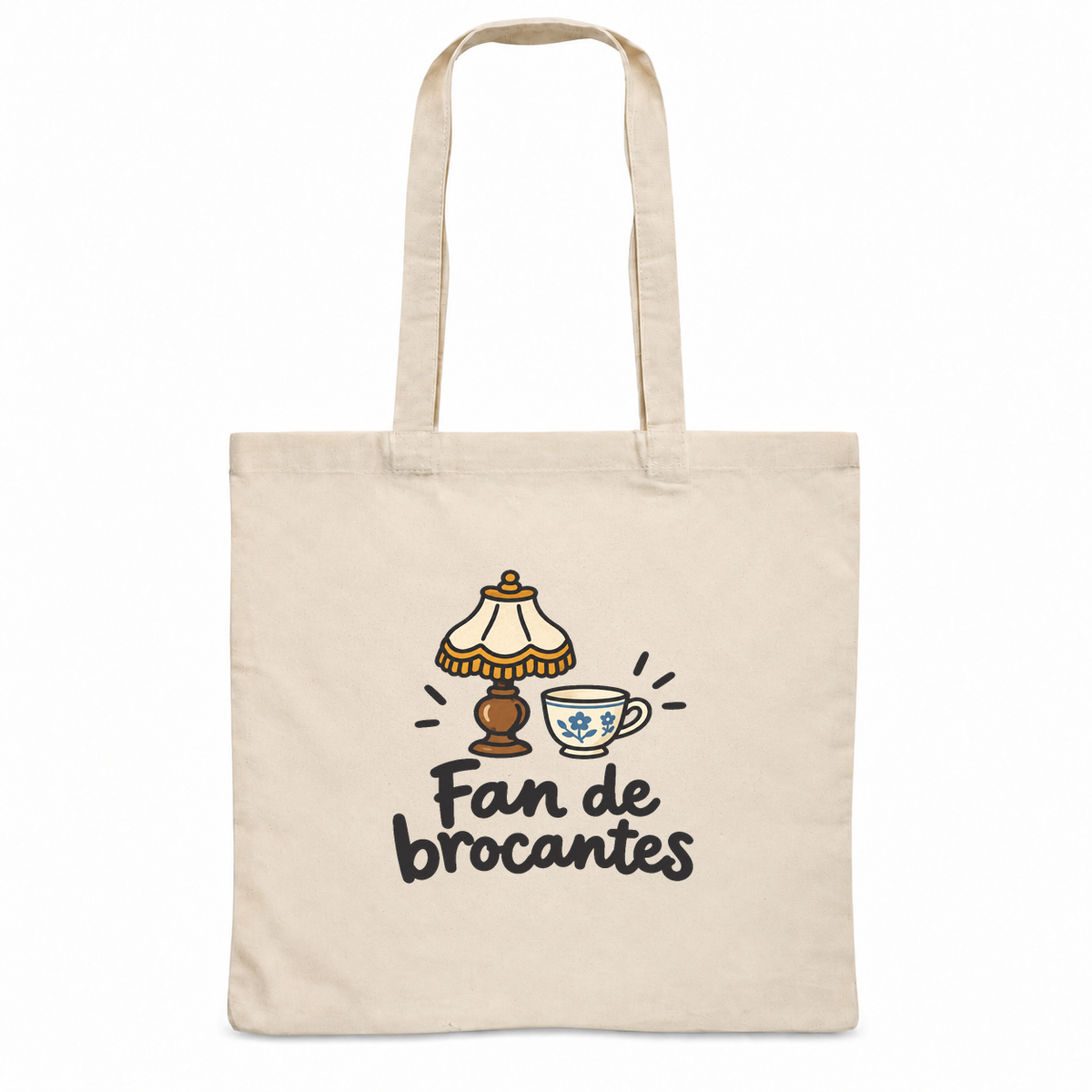 Tote bag « Fan de brocantes » Essentiel, sac plat en coton naturel 140 g/m² de 38 × 42 cm, dessin naïf d'une lampe ancienne et d'une tasse en faïence