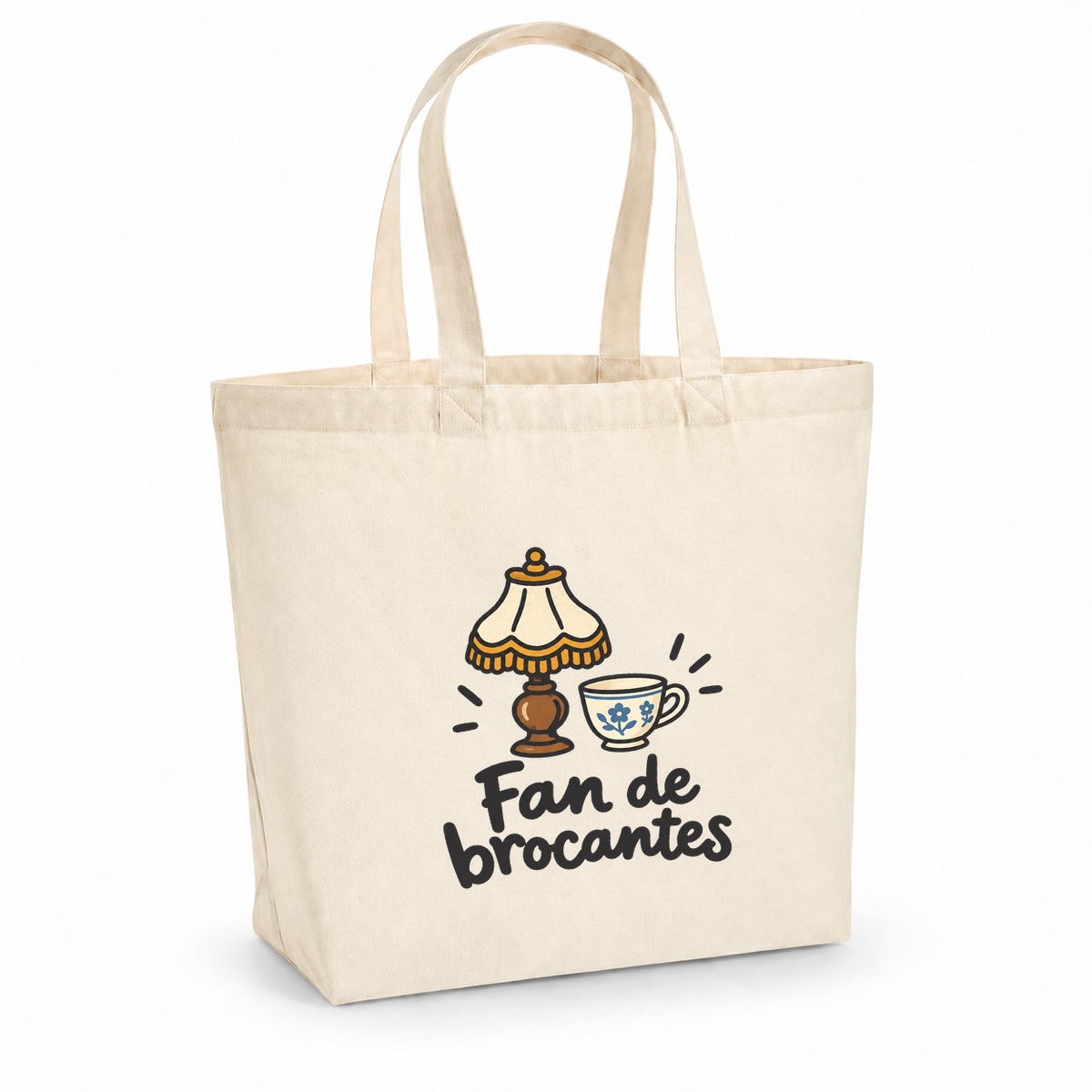 Tote bag « Fan de brocantes » Premium, cabas à soufflet en coton naturel 200 g/m² de 18 litres, dessin naïf d'une lampe ancienne et d'une tasse en faïence