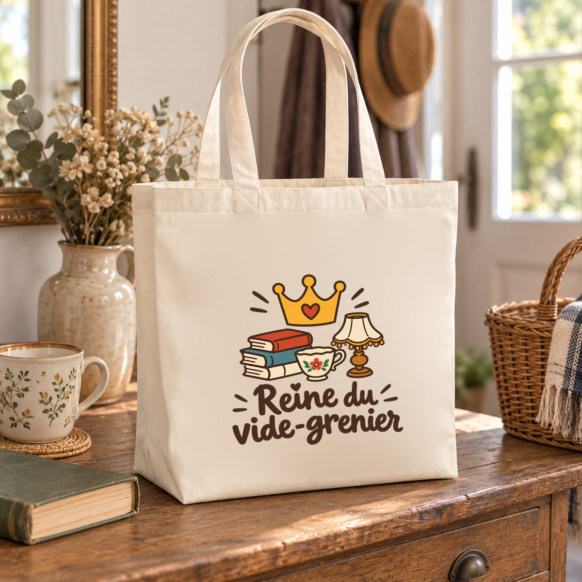 Tote bag « Reine du vide-grenier » Premium posé sur une commode ancienne, à côté d'un vase et d'une tasse