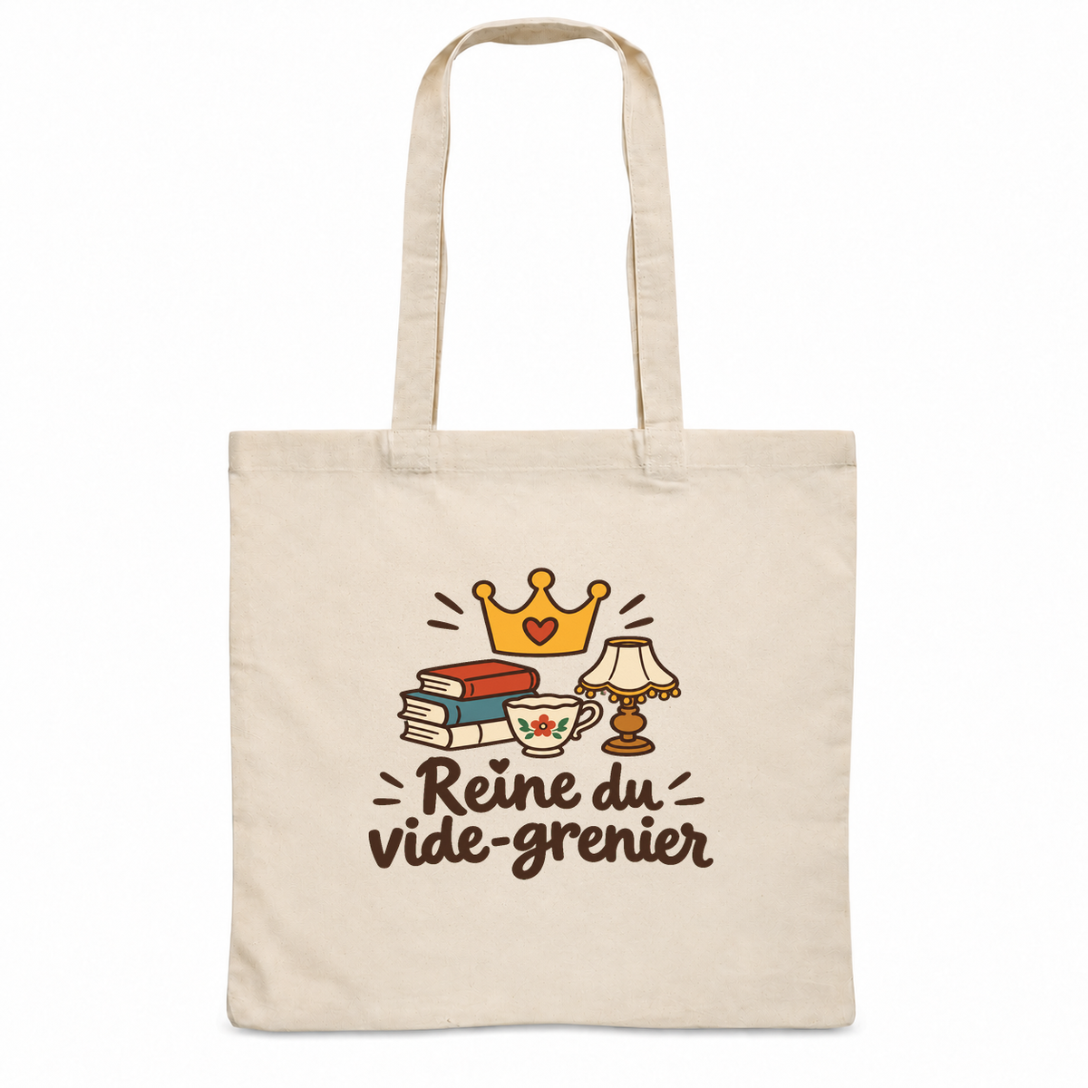 Tote bag « Reine du vide-grenier » Essentiel, sac plat en coton naturel 140 g/m² de 38 × 42 cm, dessin naïf d'une couronne, de livres anciens, d'une tasse fleurie et d'une lampe rétro