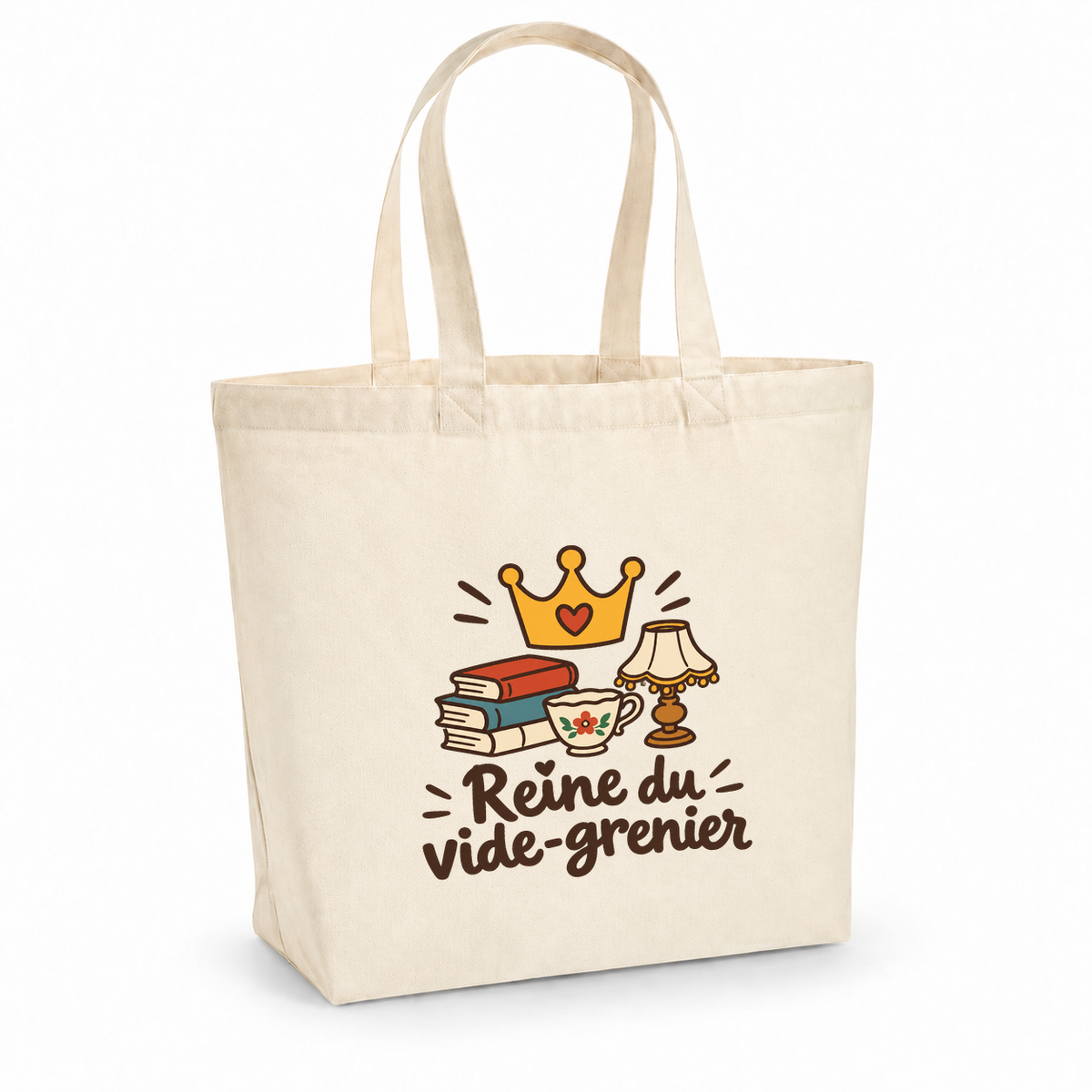 Tote bag « Reine du vide-grenier » Premium, cabas à soufflet en coton naturel 200 g/m² de 18 litres, dessin naïf d'une couronne, de livres anciens, d'une tasse fleurie et d'une lampe rétro