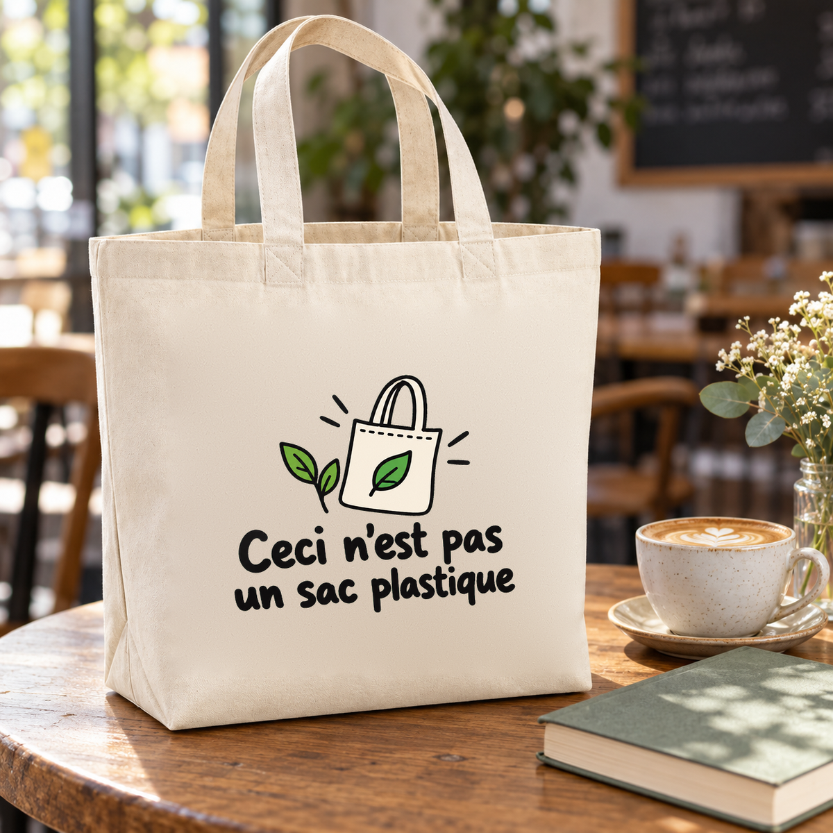 Tote bag « Ceci n'est pas un sac plastique » Premium posé sur une table de café, à côté d'un cappuccino et d'un livre