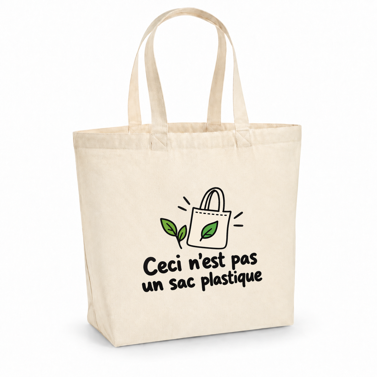 Tote bag « Ceci n'est pas un sac plastique » Premium, cabas à soufflet en coton naturel 200 g/m² de 18 litres, dessin naïf d'un petit tote bag et de feuilles vertes