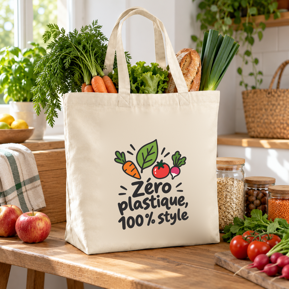 Tote bag « Zéro plastique, 100 % style » Premium posé sur une table de cuisine, rempli de légumes frais, entre bocaux et pommes