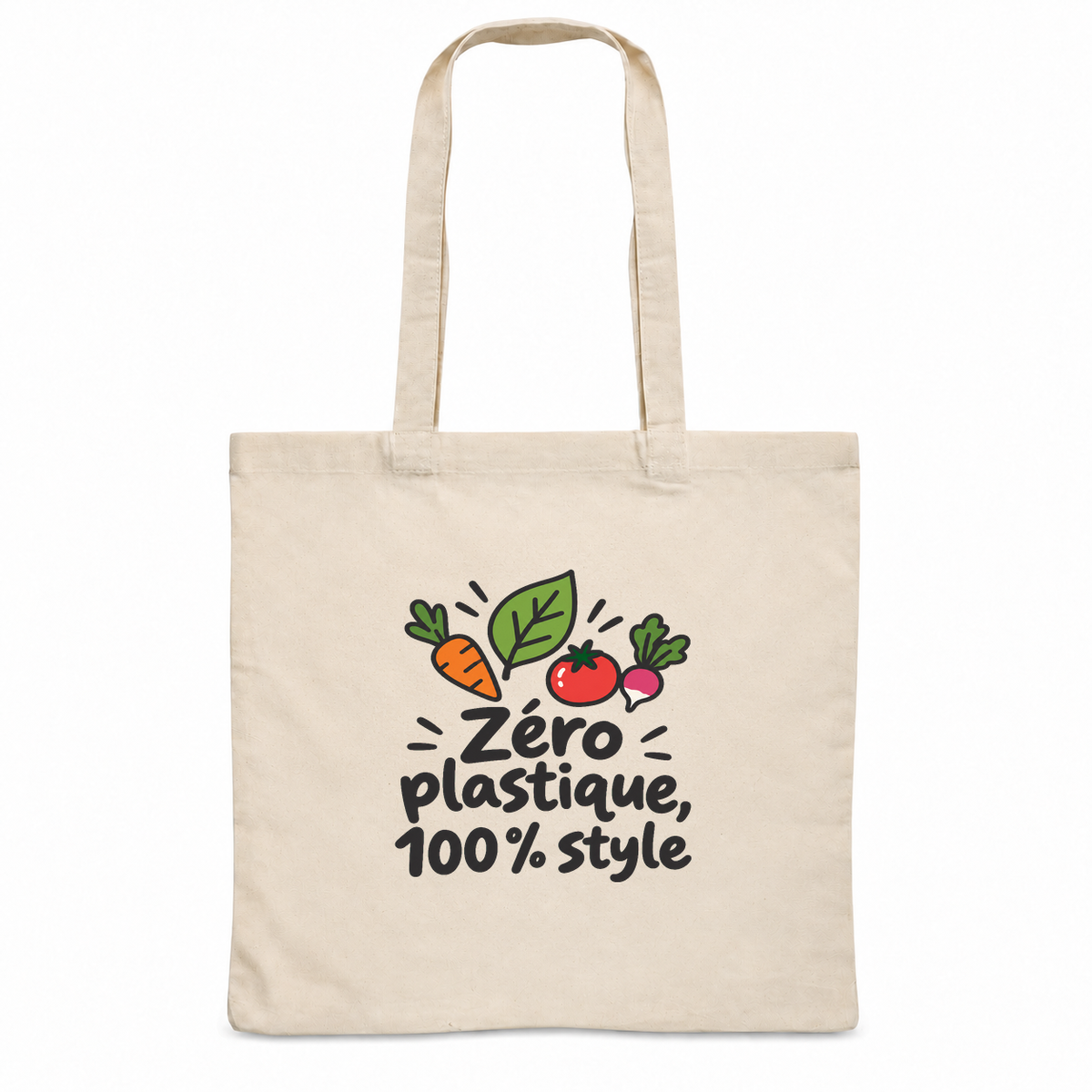 Tote bag « Zéro plastique, 100 % style » Essentiel, sac plat en coton naturel 140 g/m² de 38 × 42 cm, dessin naïf d'une carotte, d'une tomate, d'un radis et d'une feuille