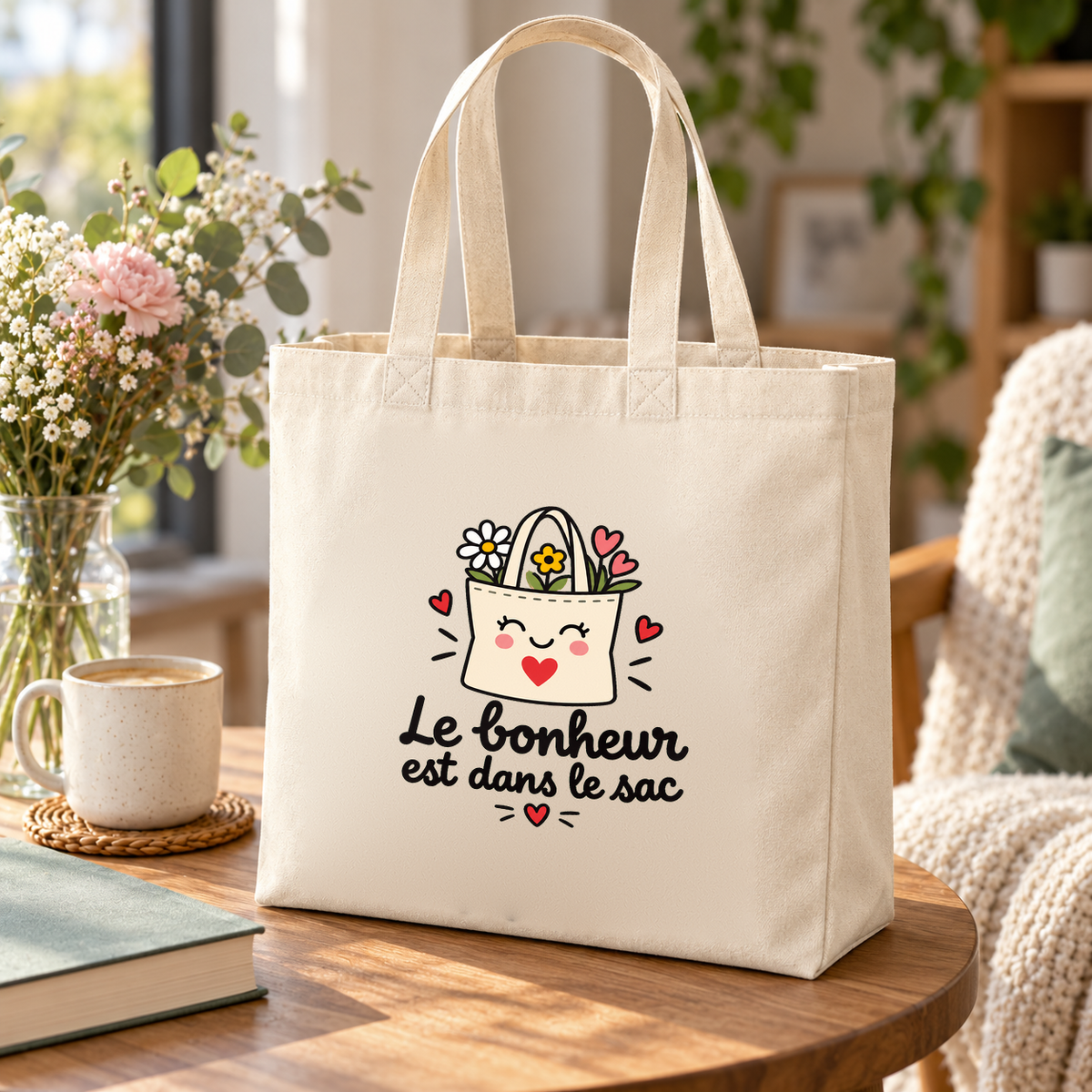 Tote bag « Le bonheur est dans le sac » Premium posé sur une table ronde, à côté d'un bouquet, d'une tasse et d'un livre