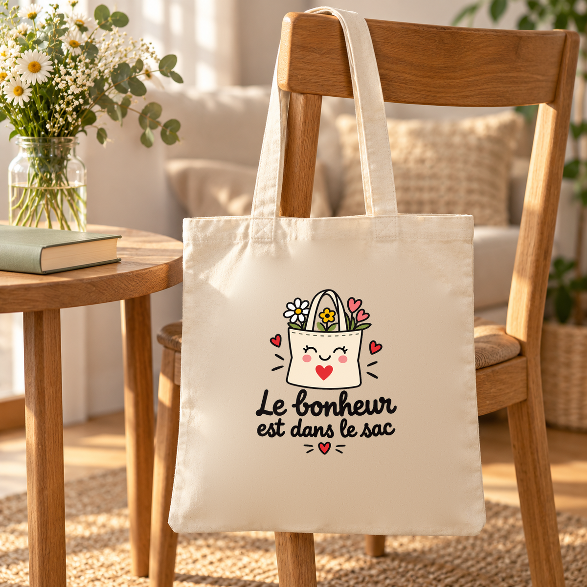 Tote bag « Le bonheur est dans le sac » Essentiel suspendu à une chaise en bois, à côté d'un bouquet de marguerites