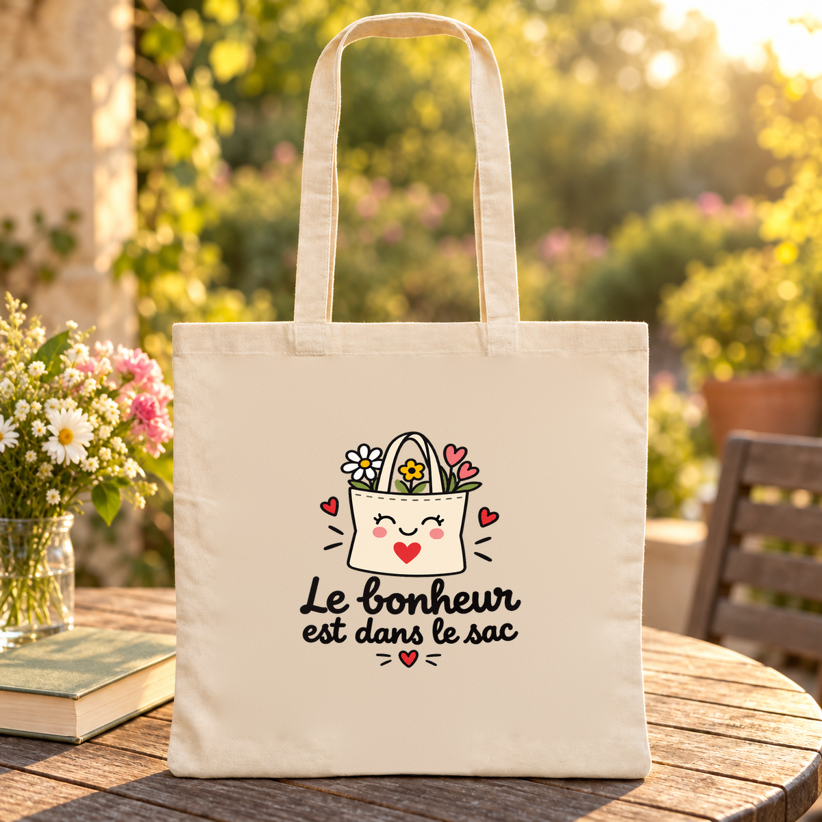 Tote bag « Le bonheur est dans le sac » Essentiel posé sur une table de jardin au coucher du soleil, à côté d'un bouquet et d'un livre