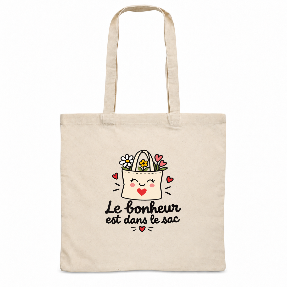 Tote bag « Le bonheur est dans le sac » Essentiel, sac plat en coton naturel 140 g/m² de 38 × 42 cm, dessin naïf d'un petit tote bag souriant rempli de fleurs
