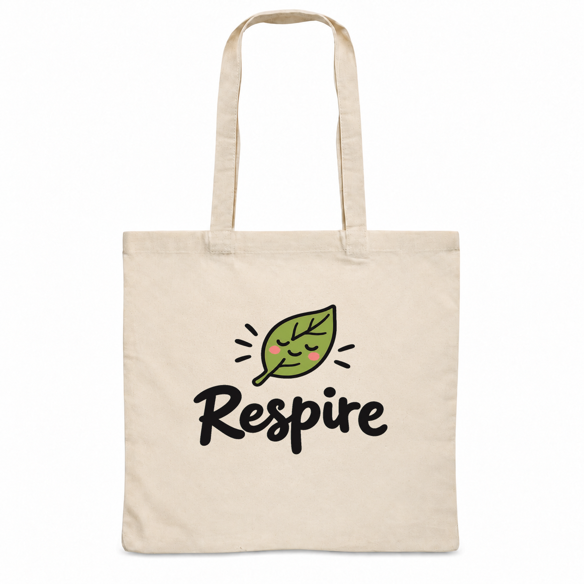 Tote bag « Respire » Essentiel, sac plat en coton naturel 140 g/m² de 38 × 42 cm, dessin naïf d'une petite feuille souriante