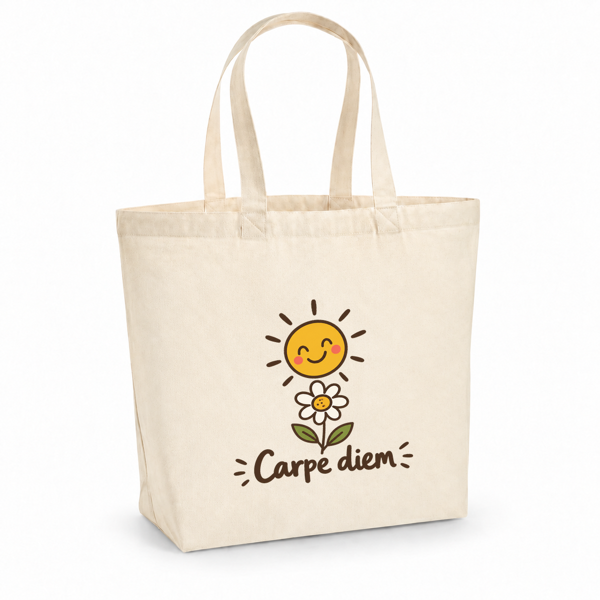 Tote bag « Carpe diem » Premium, cabas à soufflet en coton naturel 200 g/m² de 18 litres, dessin naïf d'un soleil souriant et d'une marguerite