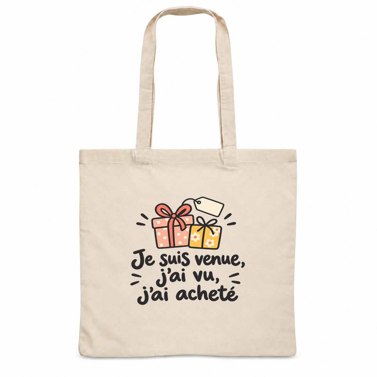 Tote bag « Je suis venue, j'ai vu, j'ai acheté » Essentiel, sac plat en coton naturel 140 g/m² de 38 × 42 cm, dessin naïf de paquets cadeaux et d'une étiquette