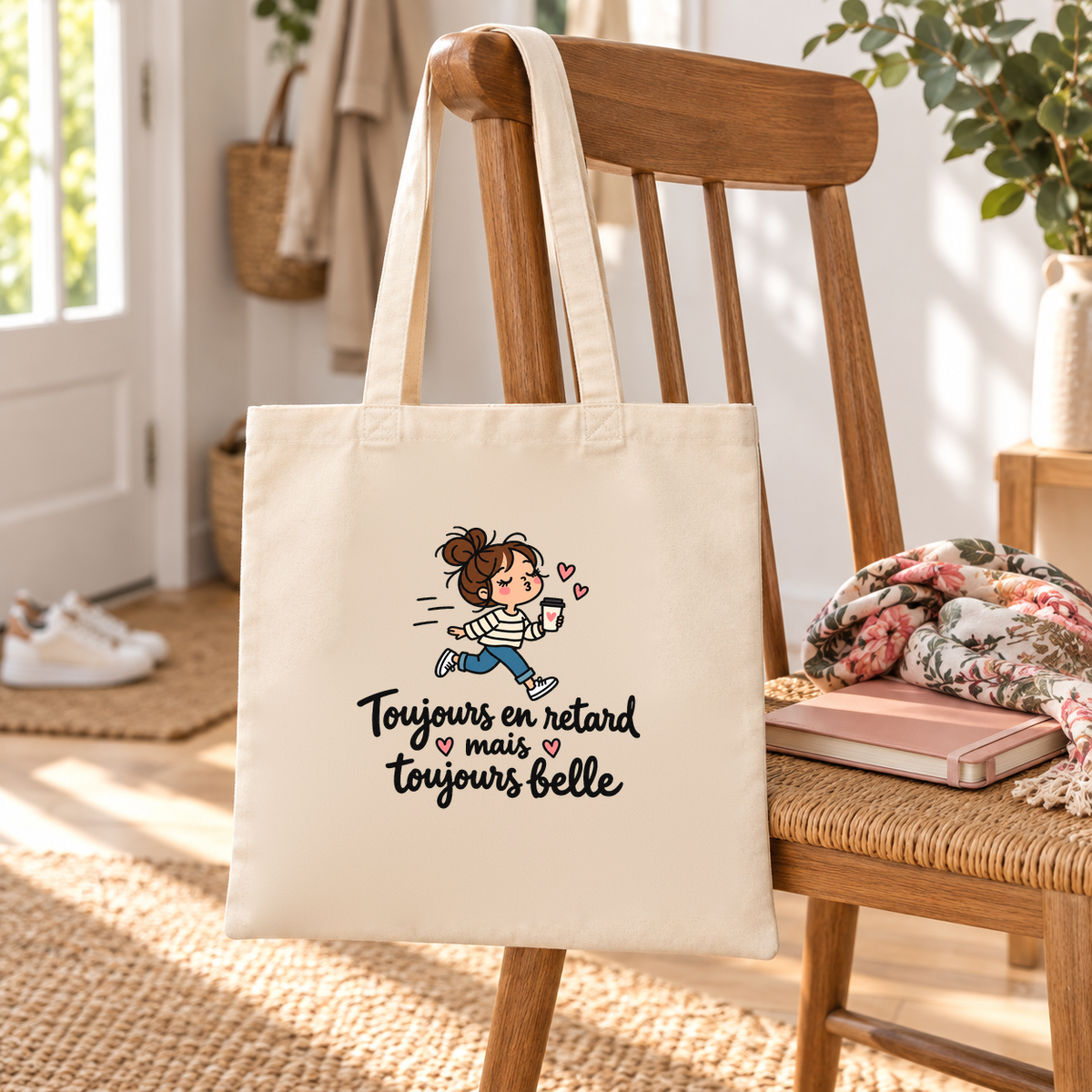 Tote bag « Toujours en retard mais toujours belle » Essentiel suspendu à une chaise en bois dans une entrée, à côté de baskets et d'une écharpe