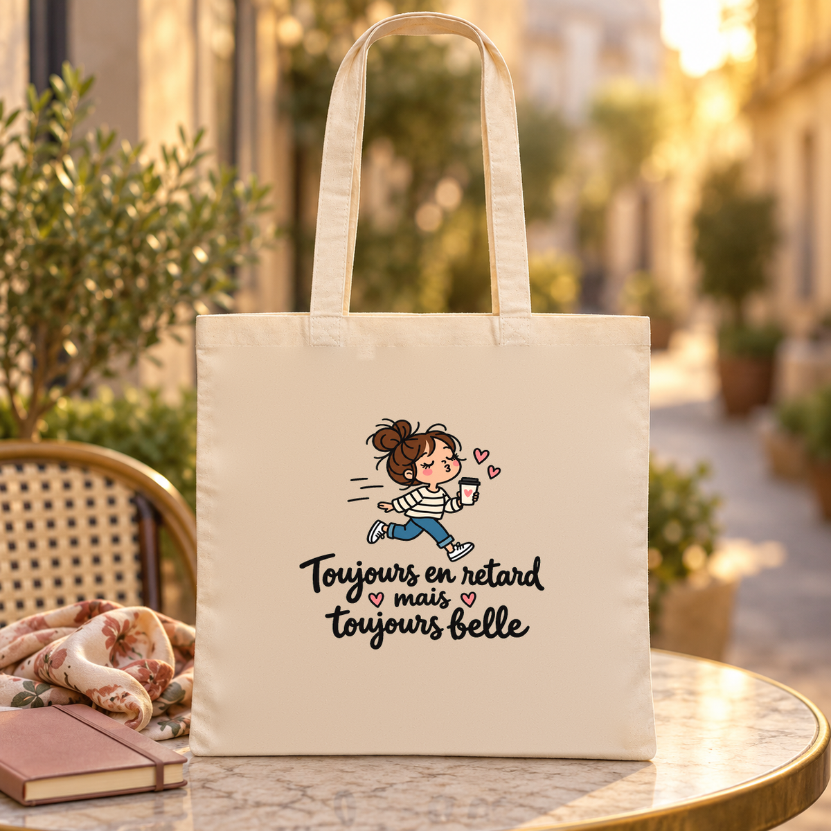 Tote bag « Toujours en retard mais toujours belle » Essentiel posé sur une table de terrasse au coucher du soleil, à côté d'un carnet et d'une écharpe