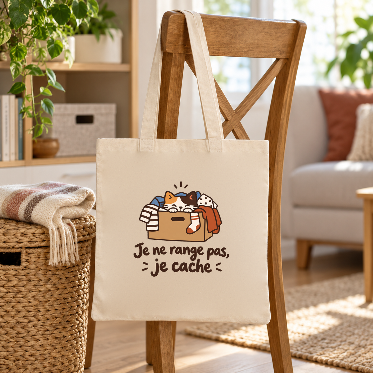 Tote bag « Je ne range pas, je cache » Essentiel suspendu à une chaise de salon, à côté d'un panier