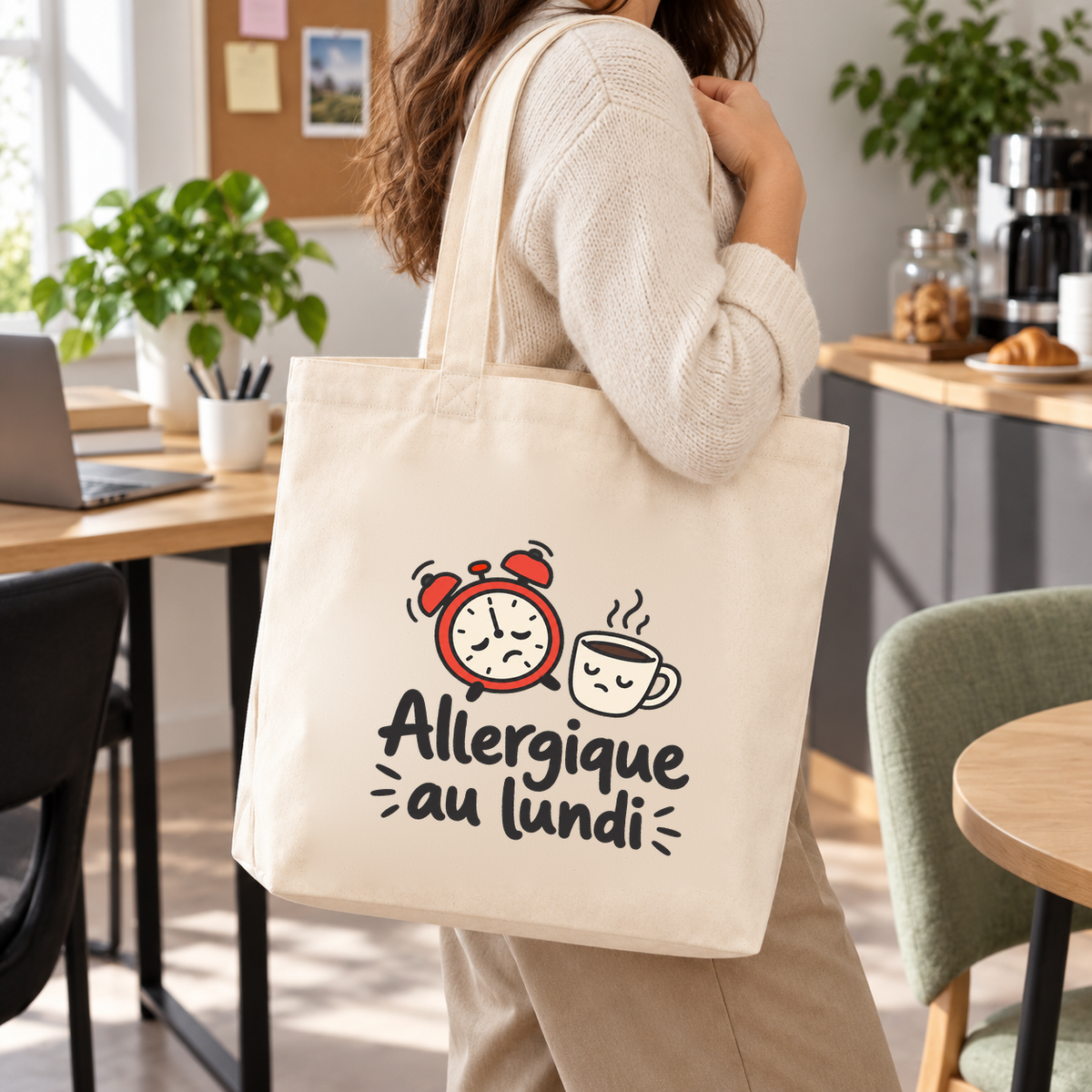 Tote bag « Allergique au lundi » Premium porté à l'épaule dans un bureau lumineux