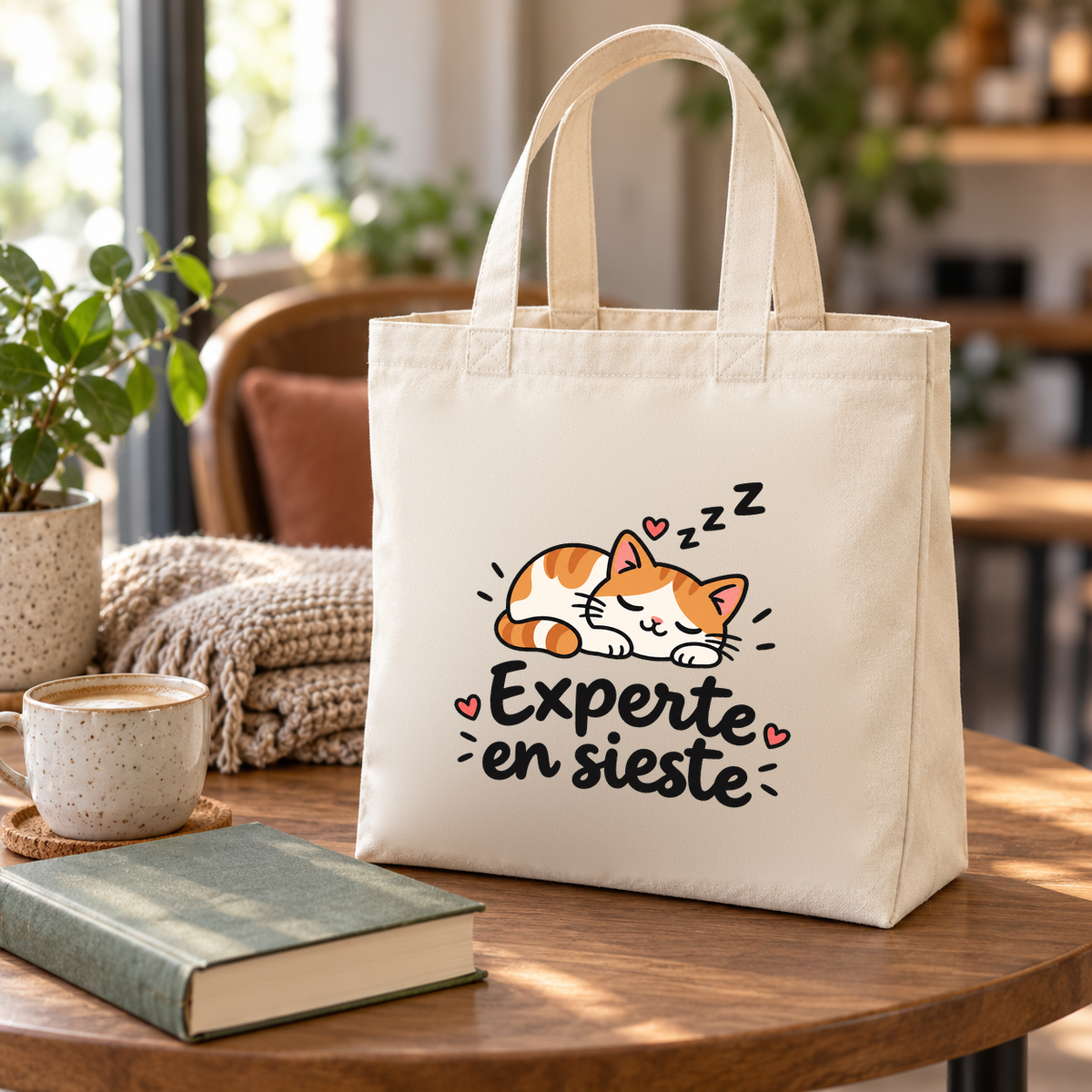 Tote bag « Experte en sieste » Premium posé sur une table ronde, à côté d'une tasse, d'un livre et d'un plaid