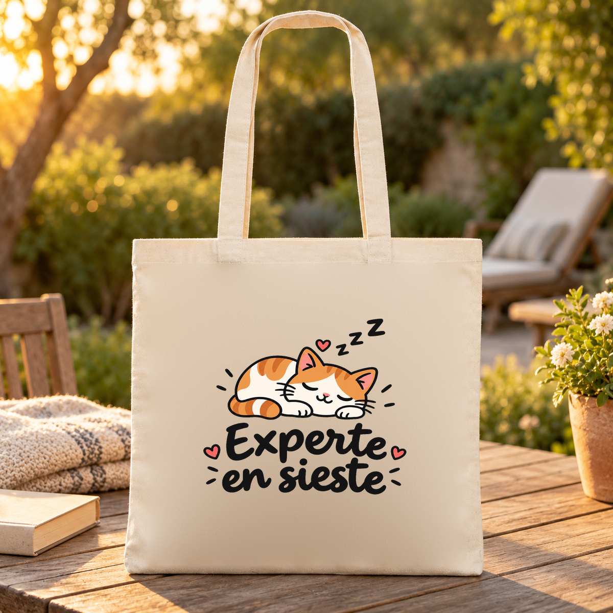 Tote bag « Experte en sieste » Essentiel posé sur une table de jardin au coucher du soleil, à côté d'un plaid