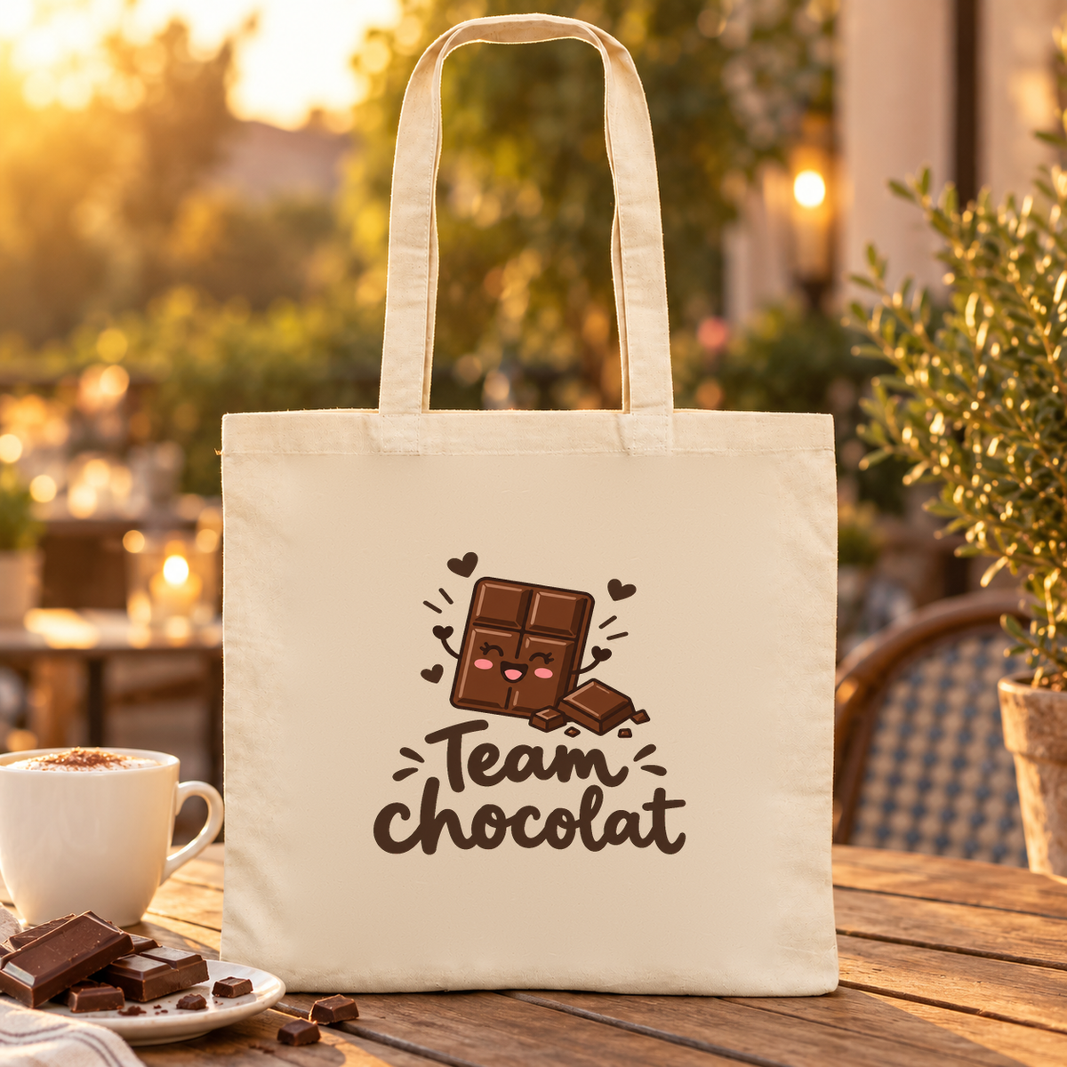 Tote bag « Team chocolat » Essentiel posé sur une table de terrasse au soleil couchant, à côté d'un chocolat chaud