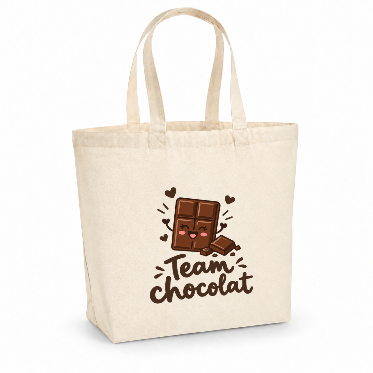 Tote bag « Team chocolat » Premium, cabas à soufflet en coton naturel 200 g/m² de 18 litres, dessin naïf d'une tablette de chocolat souriante