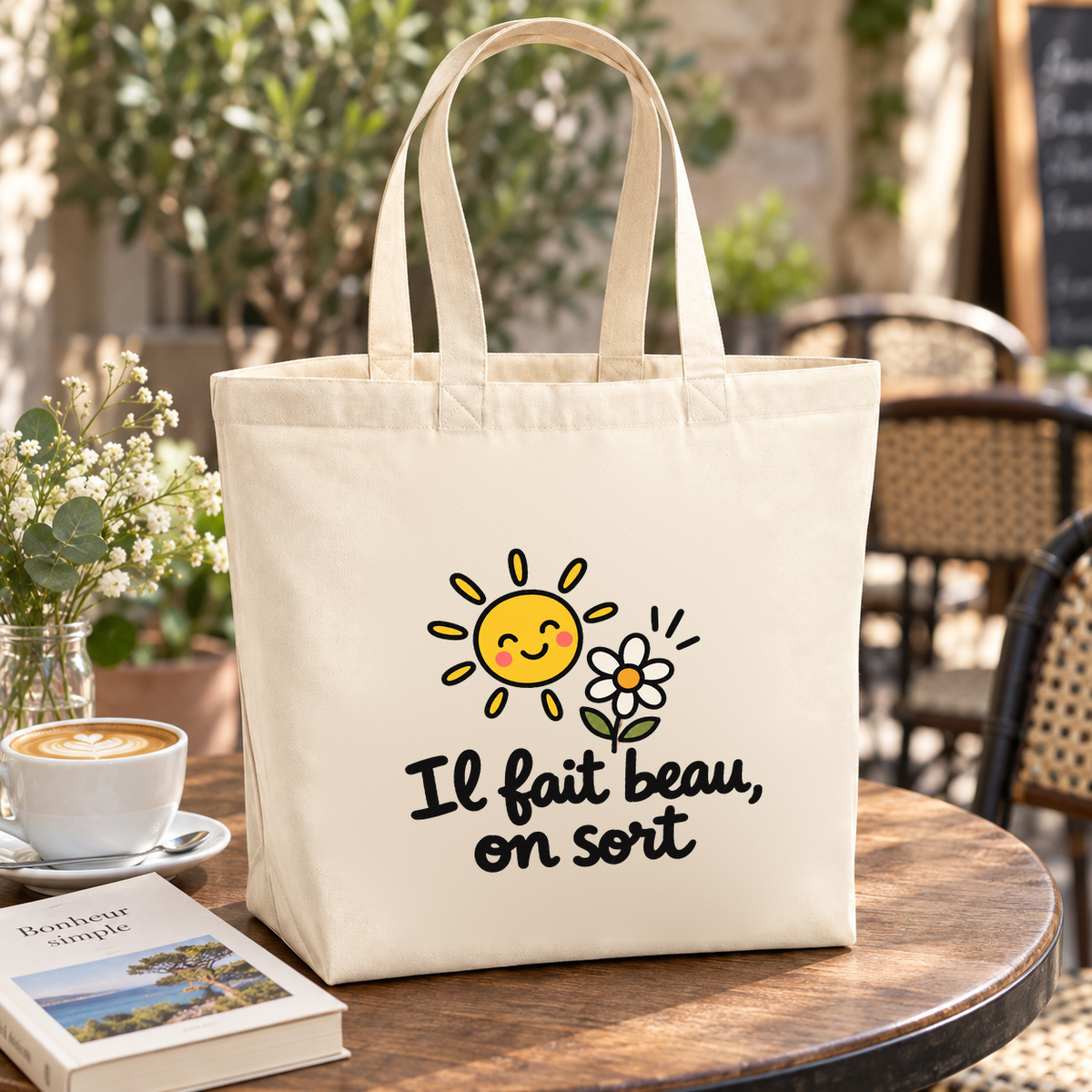 Tote bag « Il fait beau, on sort » Premium posé sur une table de terrasse, à côté d'un café et d'un livre
