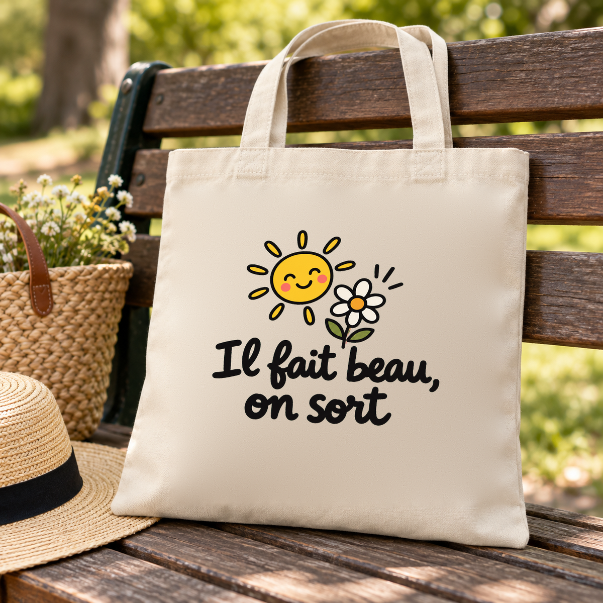 Tote bag « Il fait beau, on sort » Essentiel suspendu à un banc de parc, à côté d'un chapeau de paille et d'un panier