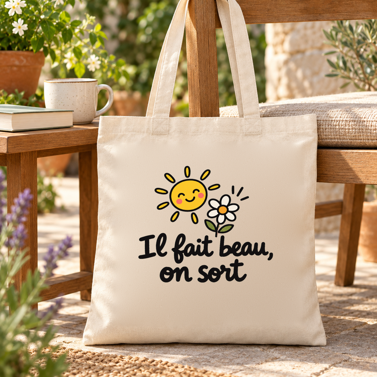 Tote bag « Il fait beau, on sort » Essentiel posé sur une terrasse ensoleillée, à côté d'une tasse et de livres