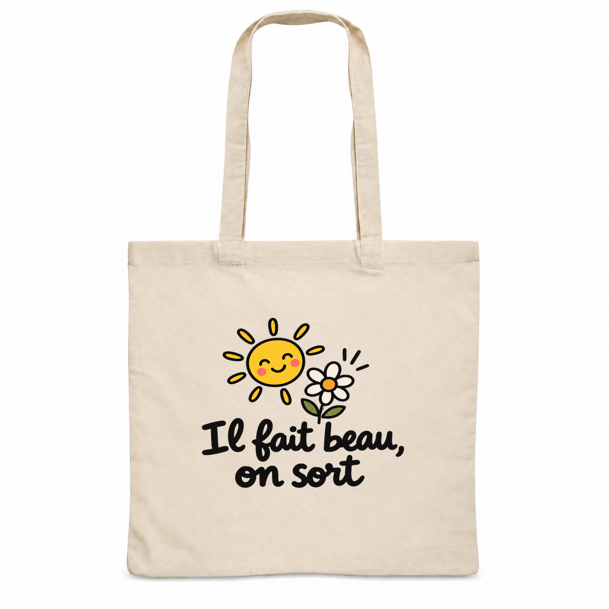 Tote bag « Il fait beau, on sort » Essentiel, sac plat en coton naturel 140 g/m² de 38 × 42 cm, dessin naïf d'un soleil souriant et d'une marguerite