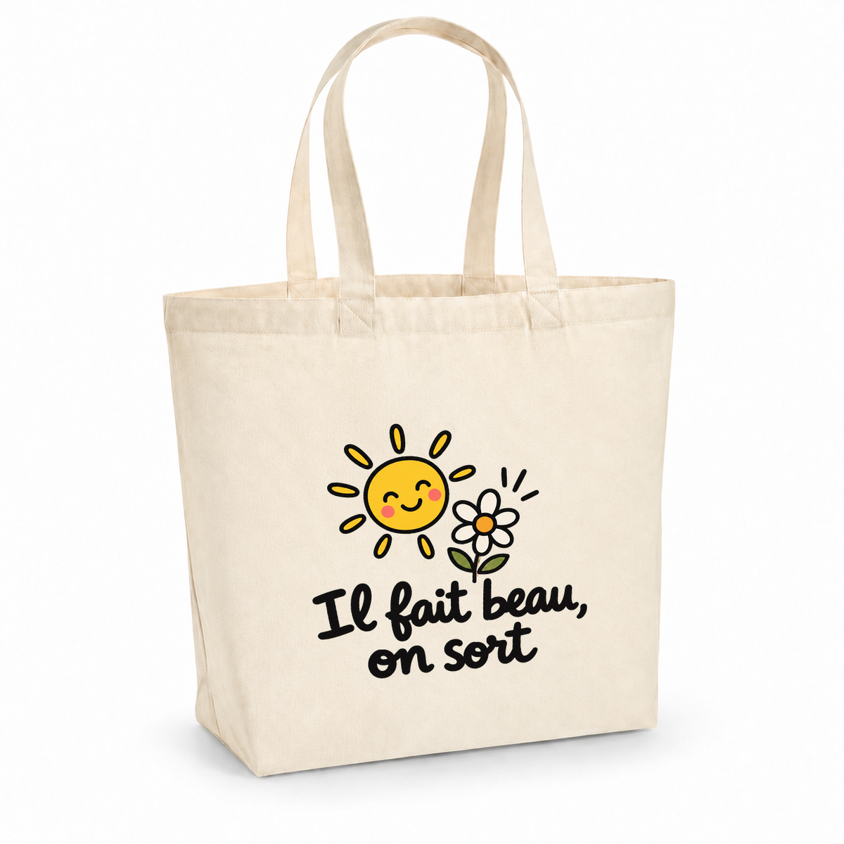 Tote bag « Il fait beau, on sort » Premium, cabas à soufflet en coton naturel 200 g/m² de 18 litres, dessin naïf d'un soleil souriant et d'une marguerite