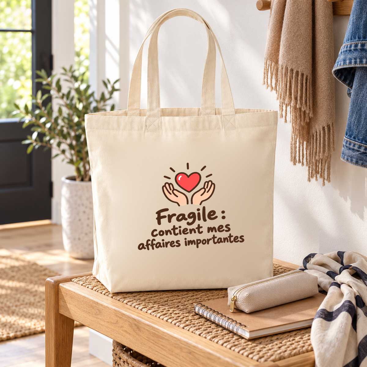 Tote bag Premium posé sur un banc en bois dans une entrée lumineuse, à côté de carnets, d'une trousse et d'un foulard
