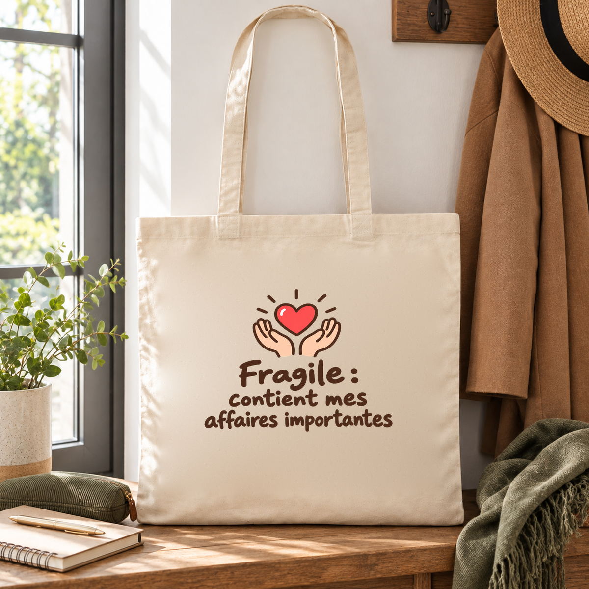 Tote bag Essentiel posé sur une banquette près d'une fenêtre, à côté d'un carnet et d'un manteau