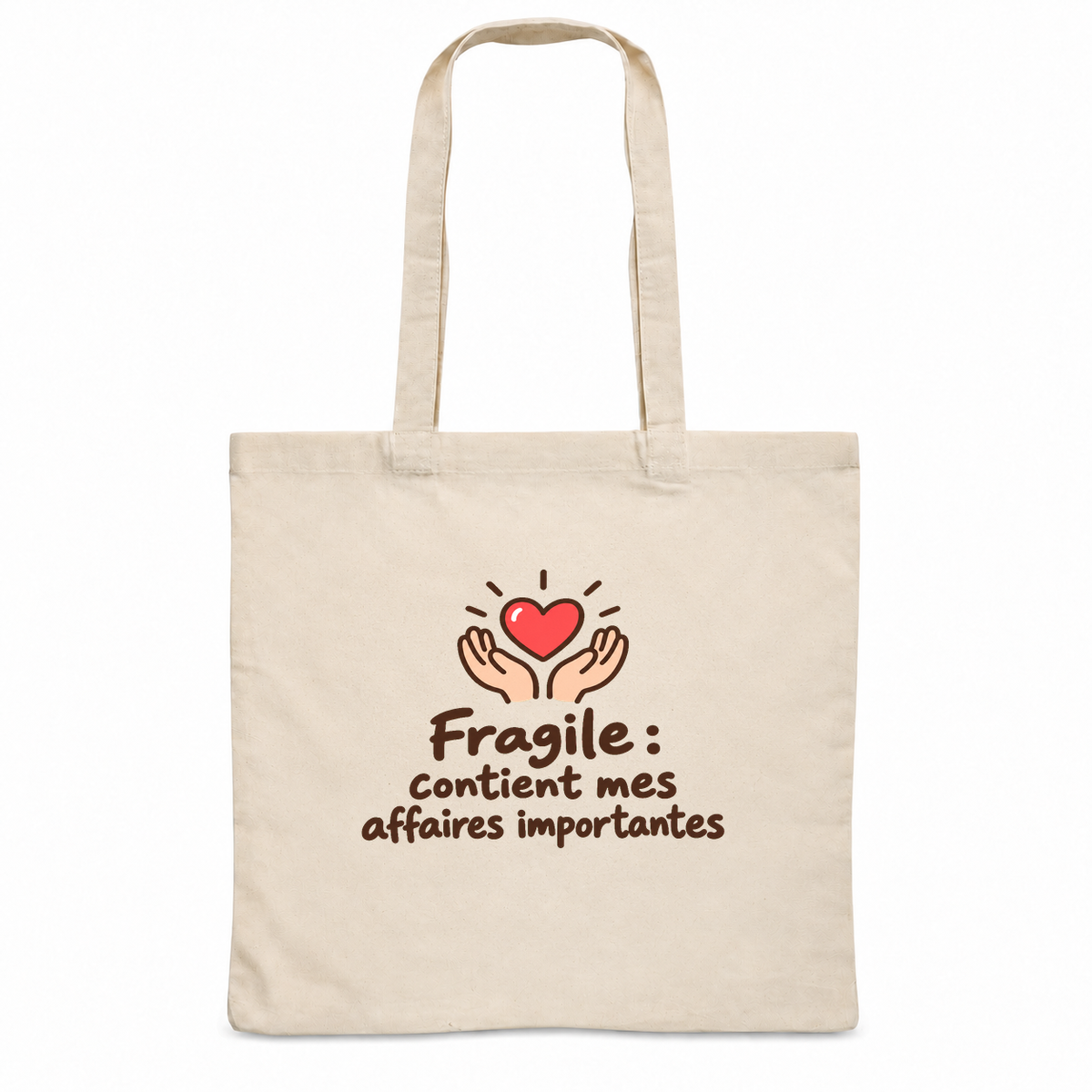 Tote bag Essentiel, sac plat en coton naturel 140 g/m² de 38 × 42 cm, dessin naïf d'un cœur protégé par deux mains