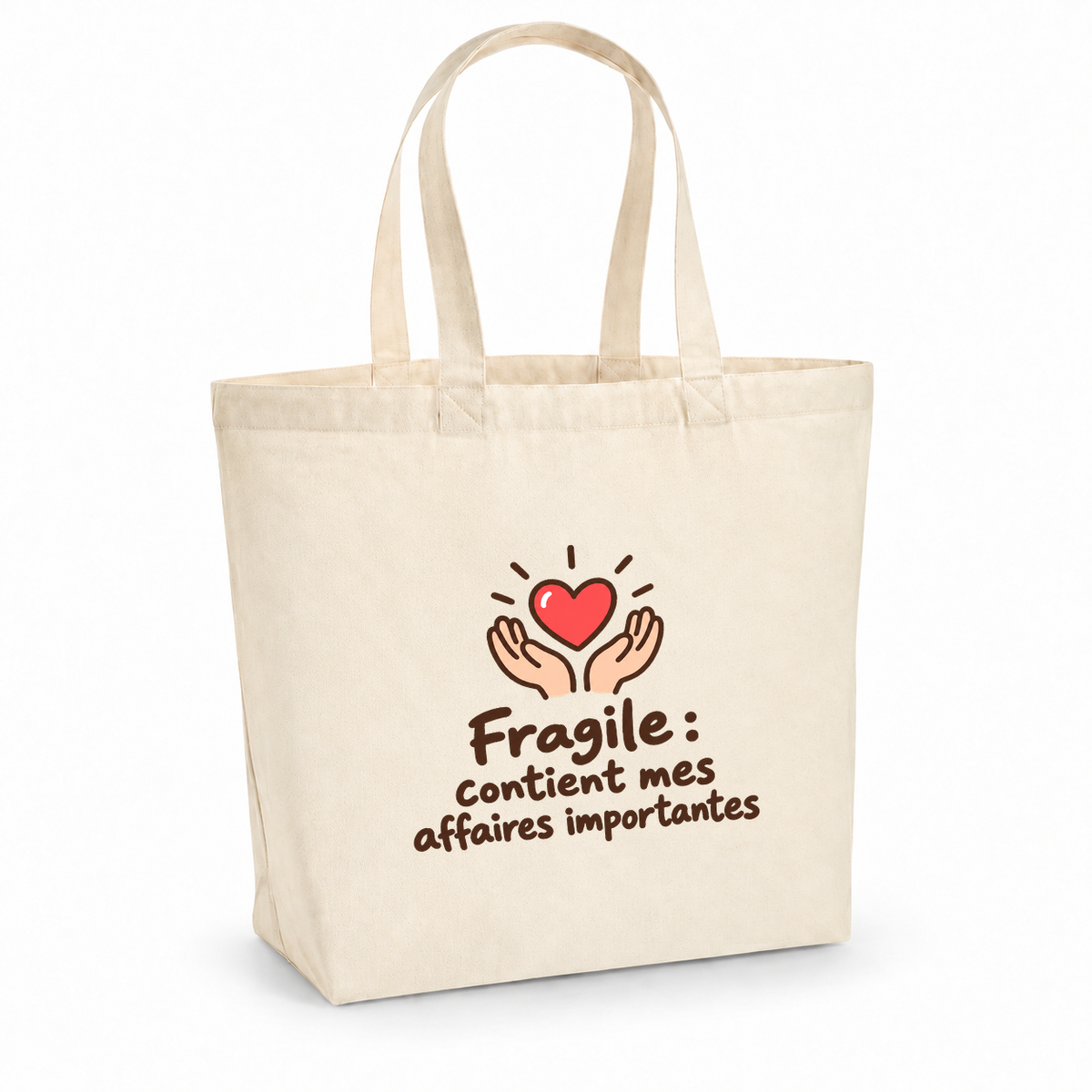 Tote bag Premium, cabas à soufflet en coton naturel 200 g/m² de 18 litres, dessin naïf d'un cœur protégé par deux mains
