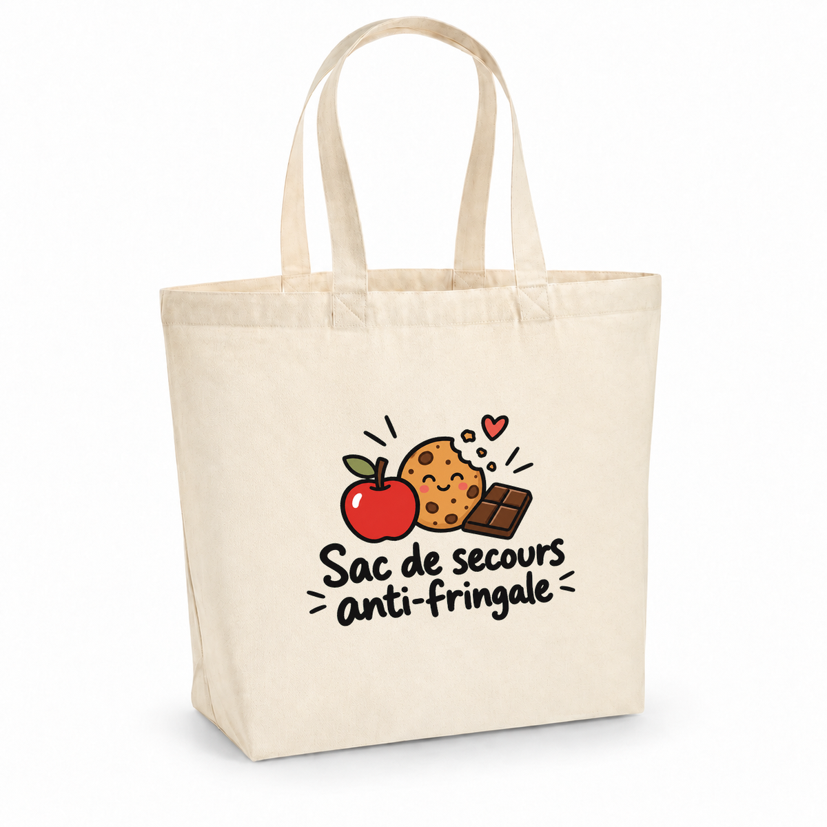 Tote bag « Sac de secours anti-fringale » Premium, cabas à soufflet en coton naturel 200 g/m² de 18 litres, dessin naïf d'une pomme, d'un cookie et de chocolat
