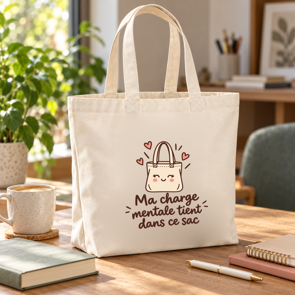 Tote bag « Ma charge mentale tient dans ce sac » Premium posé sur un bureau, à côté d'une tasse, d'un carnet et d'un stylo