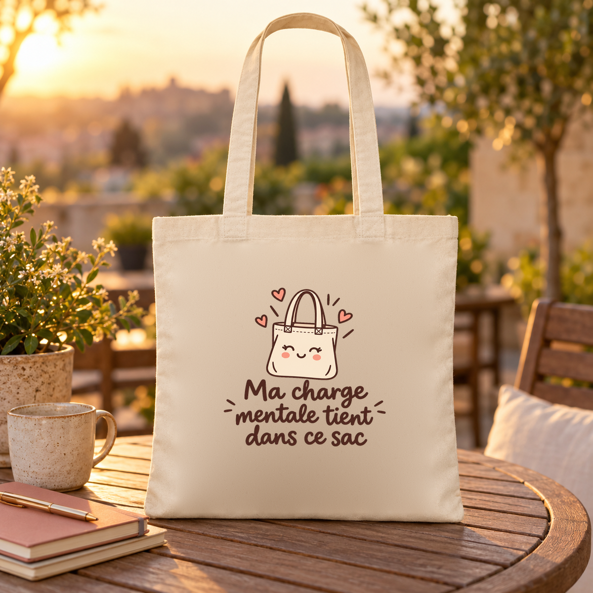 Tote bag « Ma charge mentale tient dans ce sac » Essentiel posé sur une table de terrasse au coucher du soleil, à côté d'une tasse et de livres