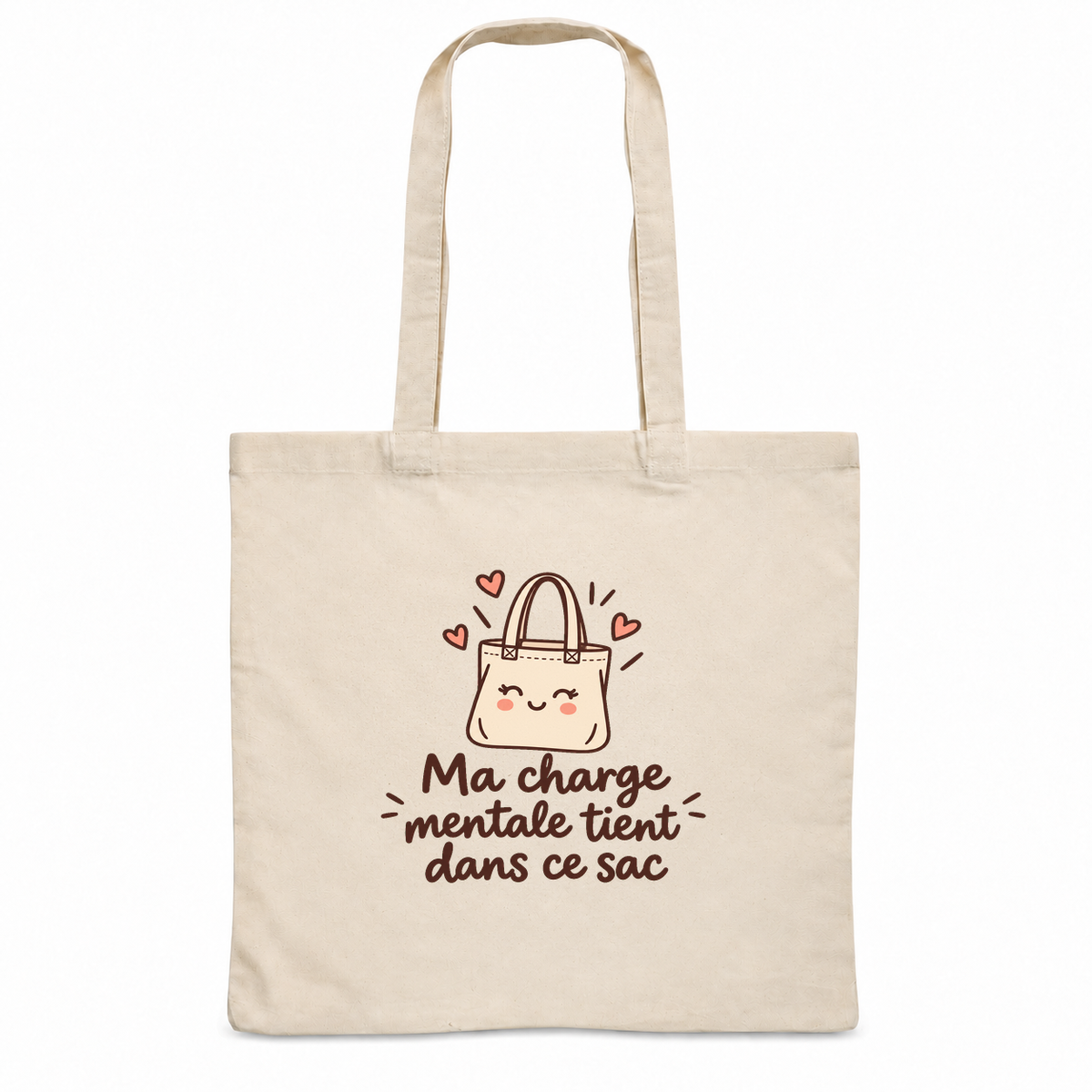Tote bag « Ma charge mentale tient dans ce sac » Essentiel, sac plat en coton naturel 140 g/m² de 38 × 42 cm, dessin naïf d'un petit tote bag souriant
