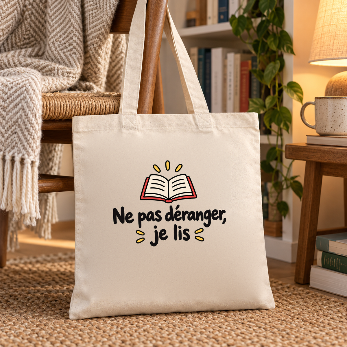 Tote bag « Ne pas déranger, je lis » Essentiel posé sur une chaise près d'une bibliothèque, à côté d'une tasse