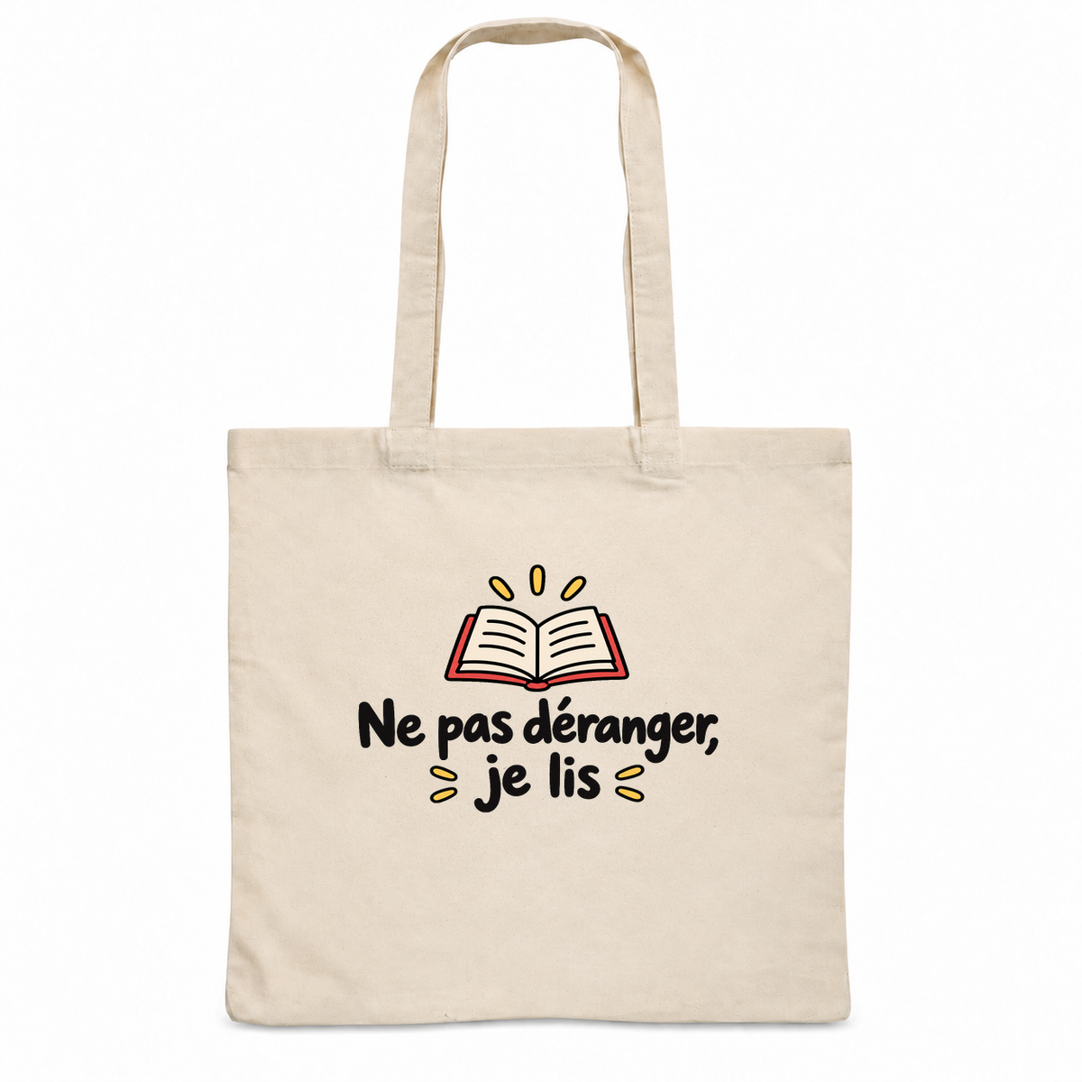Tote bag « Ne pas déranger, je lis » Essentiel, sac plat en coton naturel 140 g/m² de 38 × 42 cm, dessin naïf d'un livre ouvert