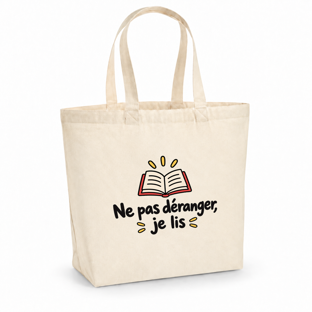 Tote bag « Ne pas déranger, je lis » Premium, cabas à soufflet en coton naturel 200 g/m² de 18 litres, dessin naïf d'un livre ouvert