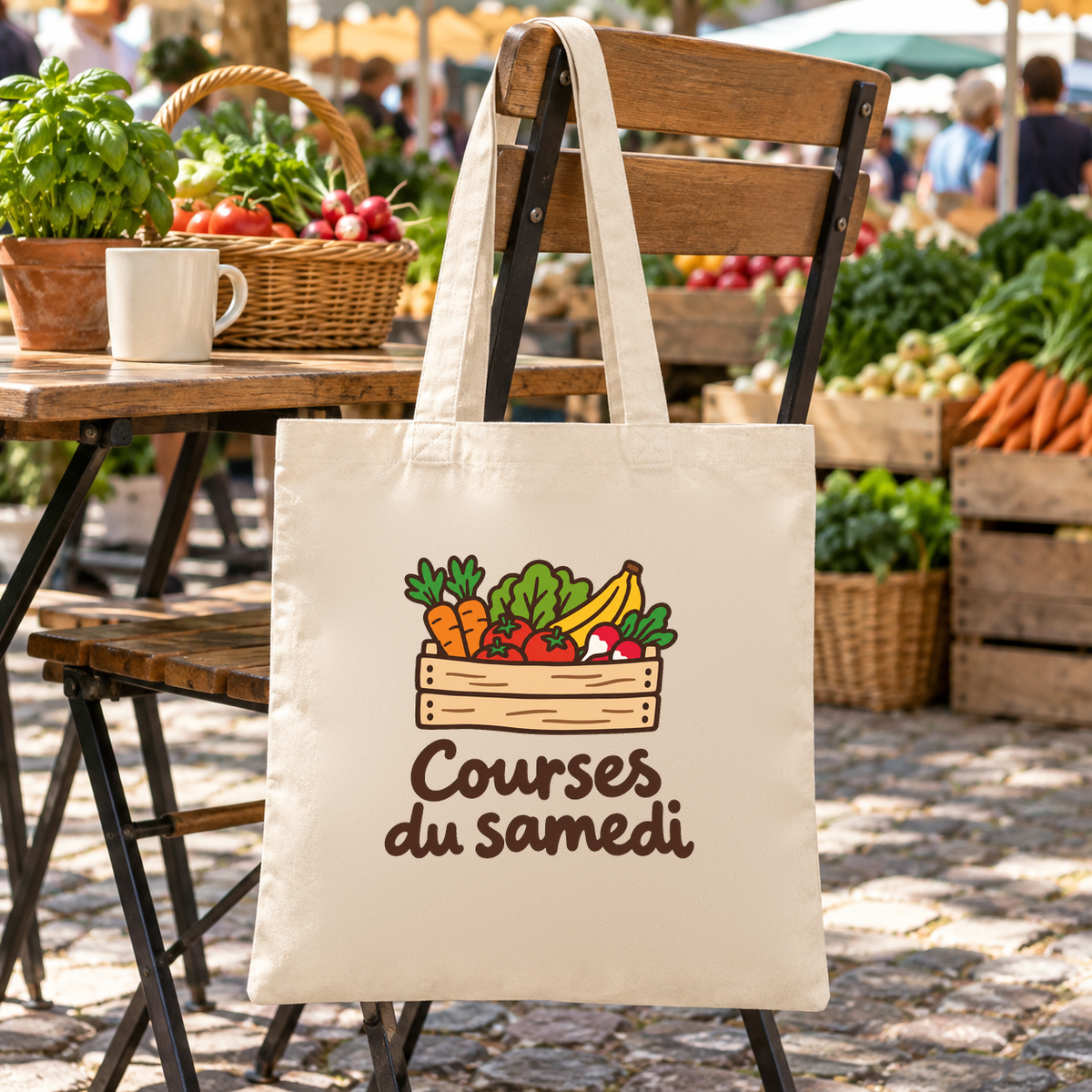 Tote bag « Courses du samedi » Essentiel suspendu à une chaise en bois devant les étals d'un marché