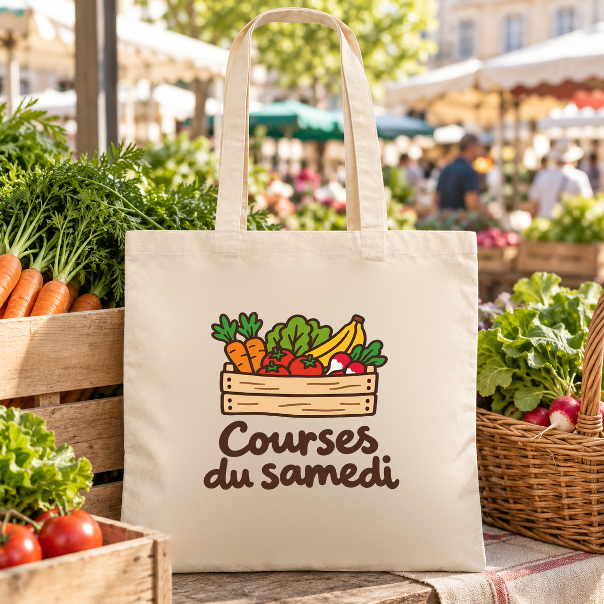 Tote bag « Courses du samedi » Essentiel posé sur un étal de marché, à côté de légumes frais et d'un panier