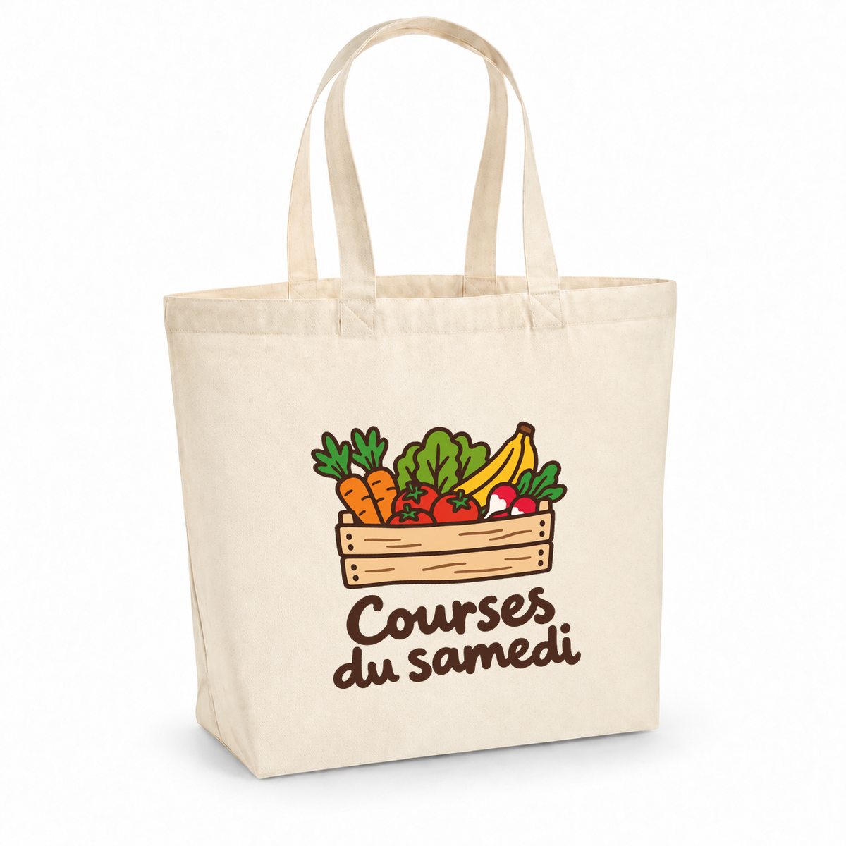 Tote bag « Courses du samedi » Premium, cabas à soufflet en coton naturel 200 g/m² de 18 litres, dessin naïf d'une cagette de fruits et légumes