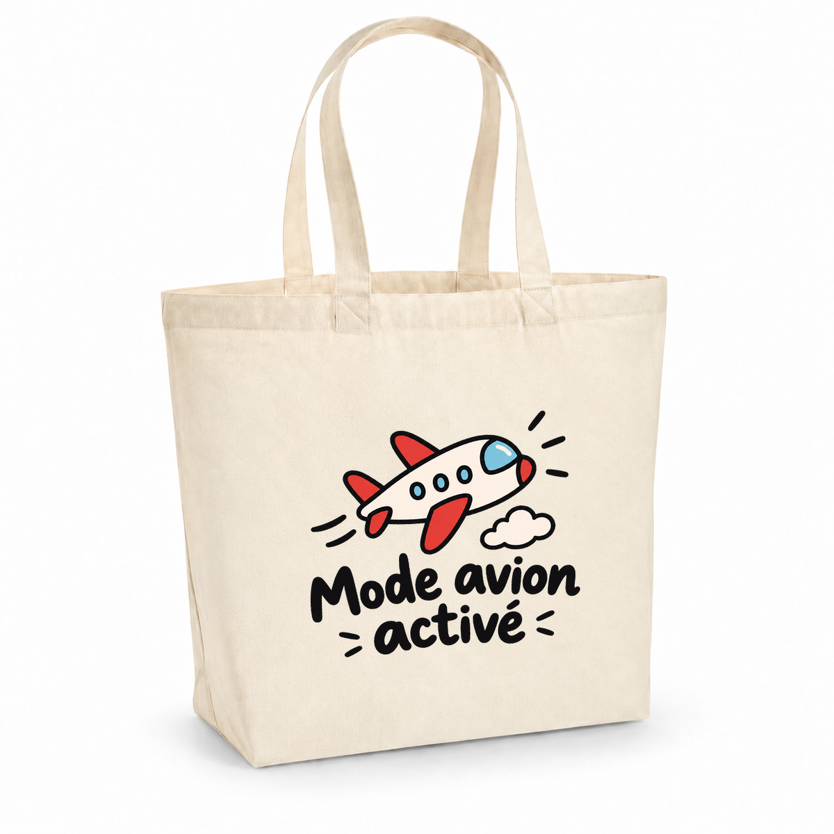 Tote bag « Mode avion activé » Premium, cabas à soufflet en coton naturel 200 g/m² de 18 litres, dessin naïf d'un petit avion et d'un nuage