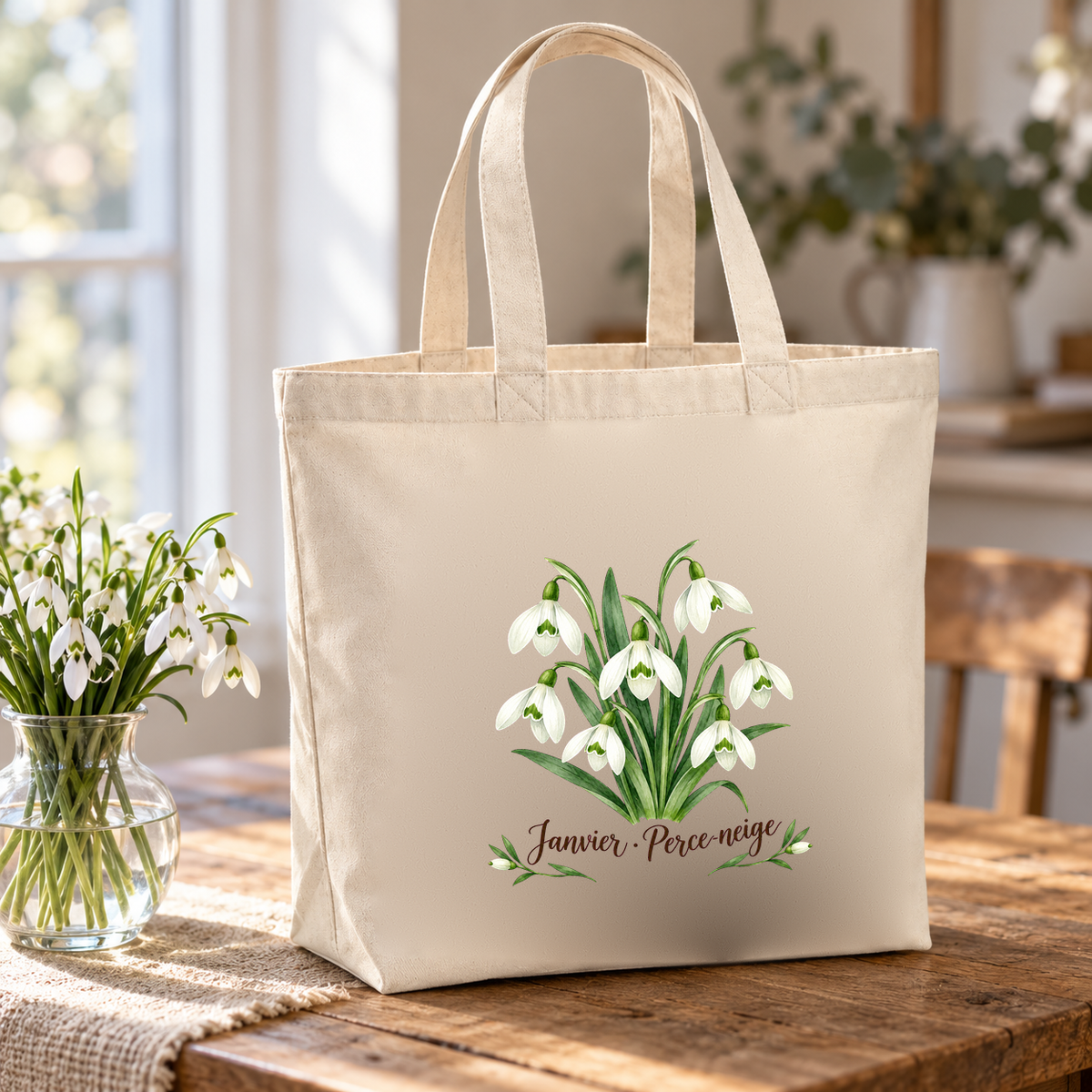 Tote bag fleur de naissance « Janvier · Perce-neige » Premium posé sur une table, à côté d'un vase de perce-neige