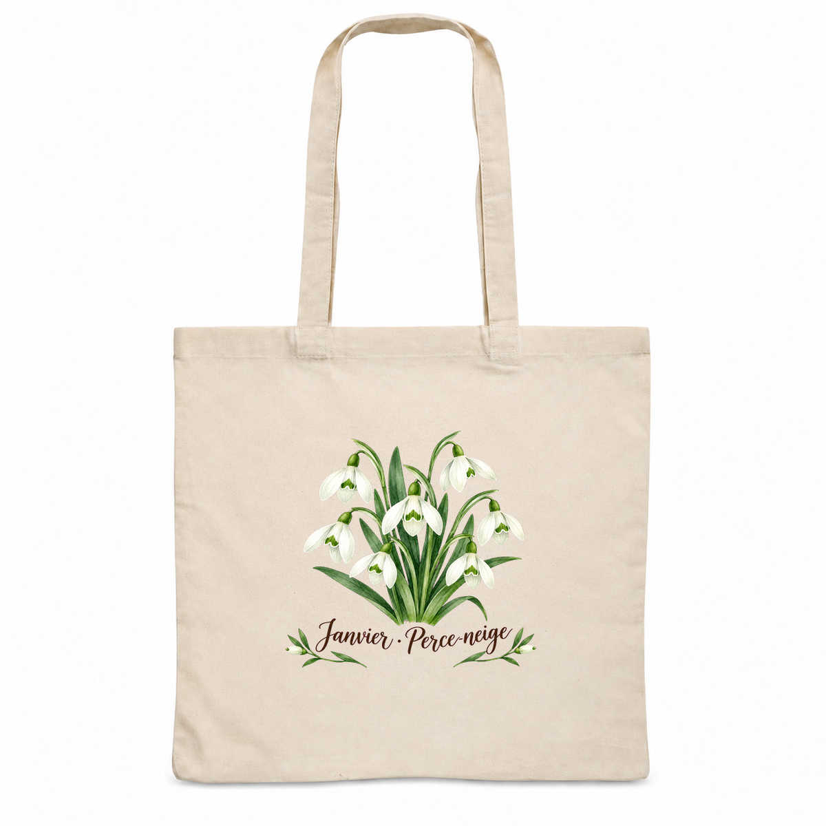 Tote bag fleur de naissance « Janvier · Perce-neige » Essentiel, sac plat en coton naturel 140 g/m² de 38 × 42 cm, aquarelle botanique d'un bouquet de perce-neige