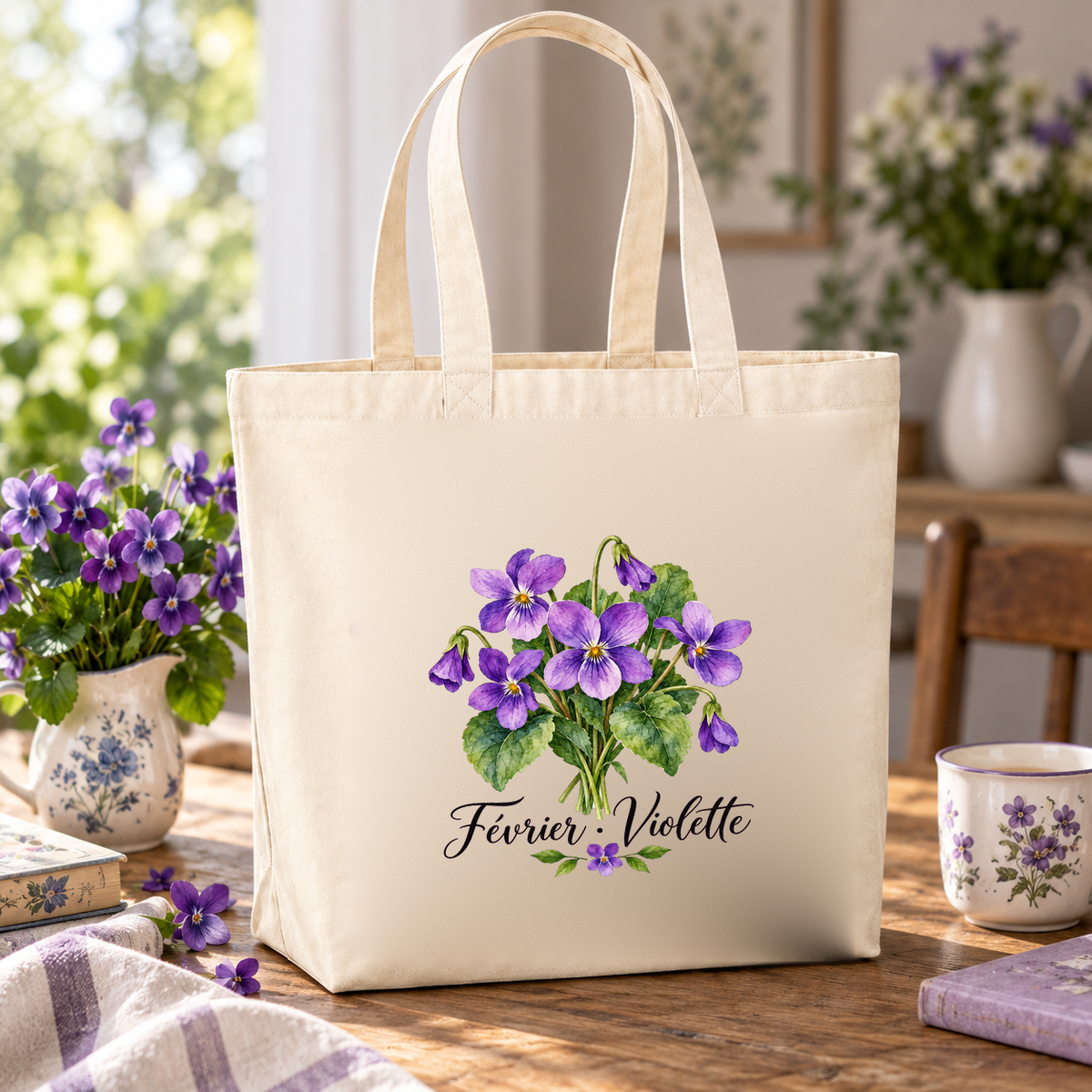 Tote bag fleur de naissance « Février · Violette » Premium posé sur une table, à côté d'un vase de violettes et d'une tasse fleurie
