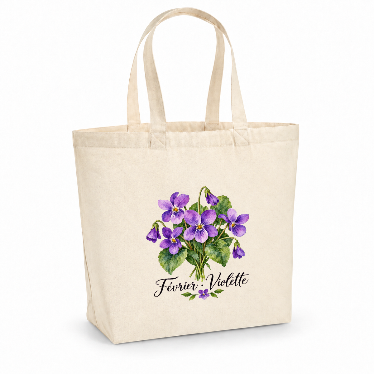 Tote bag fleur de naissance « Février · Violette » Premium, cabas à soufflet en coton naturel 200 g/m² de 18 litres, aquarelle botanique d'un bouquet de violettes