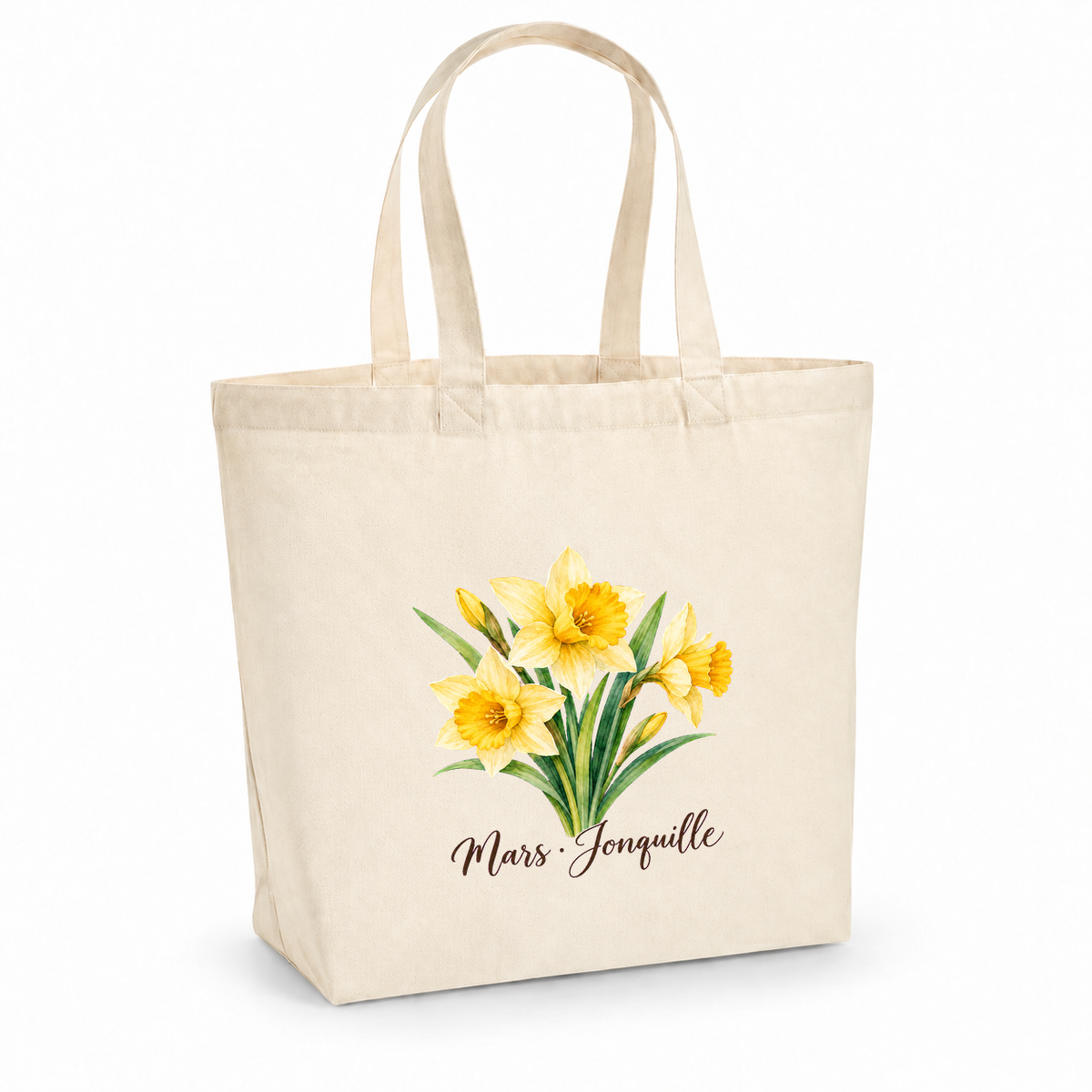 Tote bag fleur de naissance « Mars · Jonquille » Premium, cabas à soufflet en coton naturel 200 g/m² de 18 litres, aquarelle botanique d'un bouquet de jonquilles