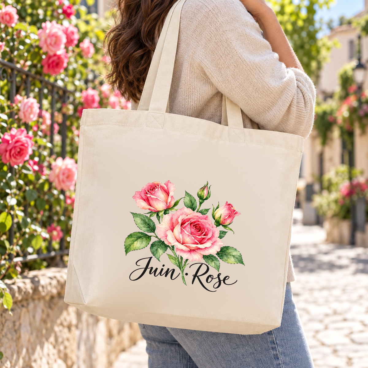 Tote bag fleur de naissance « Juin · Rose » Premium porté à l'épaule dans une ruelle bordée de rosiers